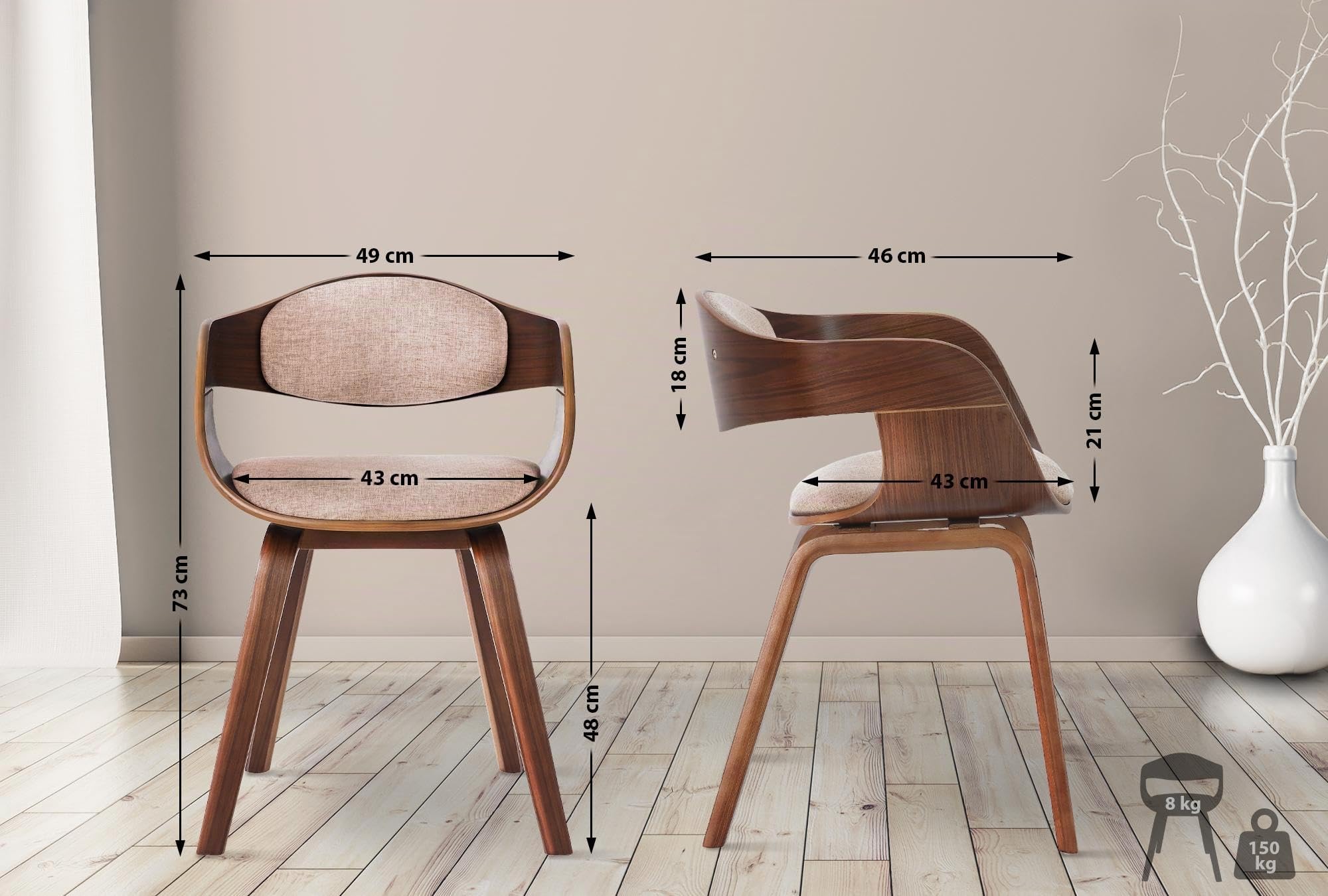 CLP Set De 2 Sillas De Comedor Kingston En Tela & Madera I Pack De 2 Butacas Nórdicas para Reuniones Modernas, Color:Nuez/Crema, Color del Marco:Nuez
