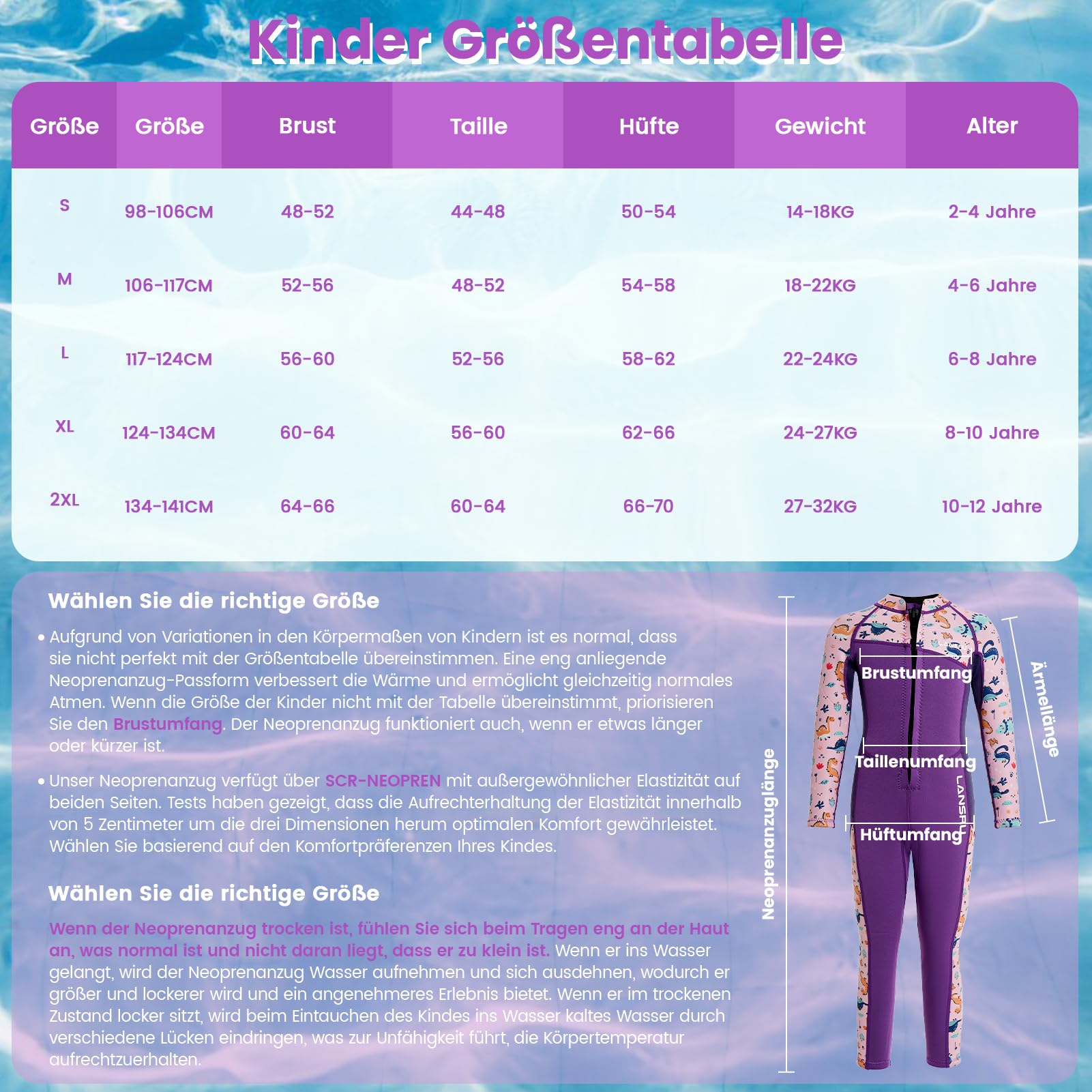 Traje de neopreno infantil 3 mm manga larga cremallera trasera para niños niñas nadar bucear surf