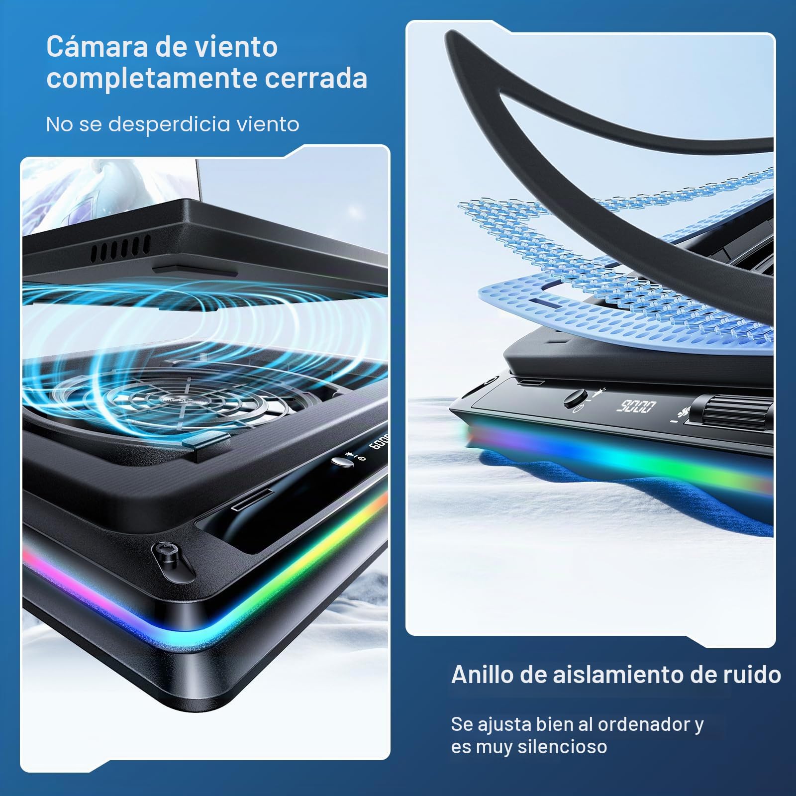 Base Refrigeradora Portatil, Base refrigeradora portatil Gaming RGB con Velocidad Ajustable Ventilador Turbo de 18 cm, Refrigerador Portatil para Enfriamiento Rápido de Portátiles de 13-19 Pulgadas