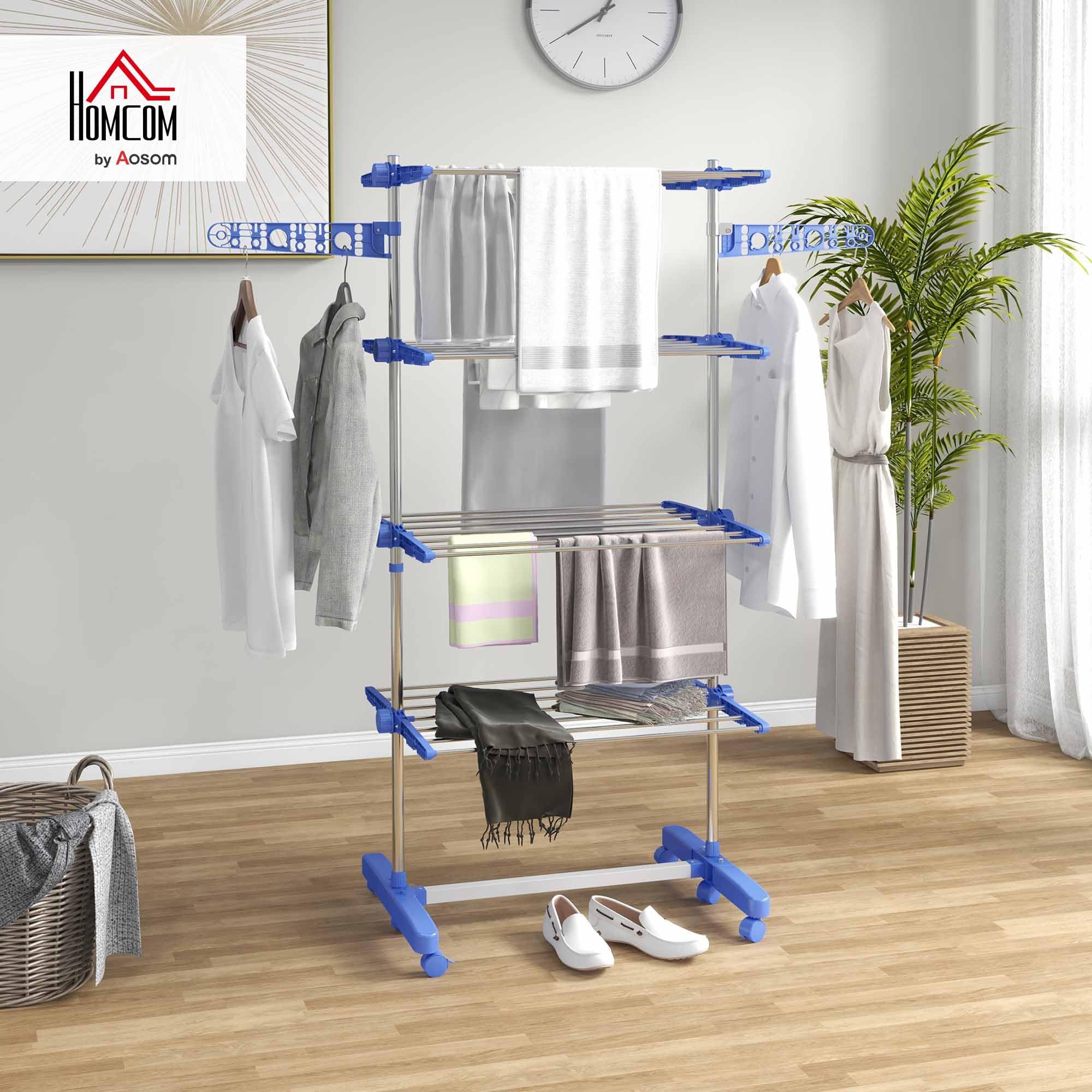 HOMCOM Wasdroogrek, inklapbaar, 4 niveaus, metalen frame met 4 wielen en 2 remmen, 73 x 64 x 177 cm, zwart