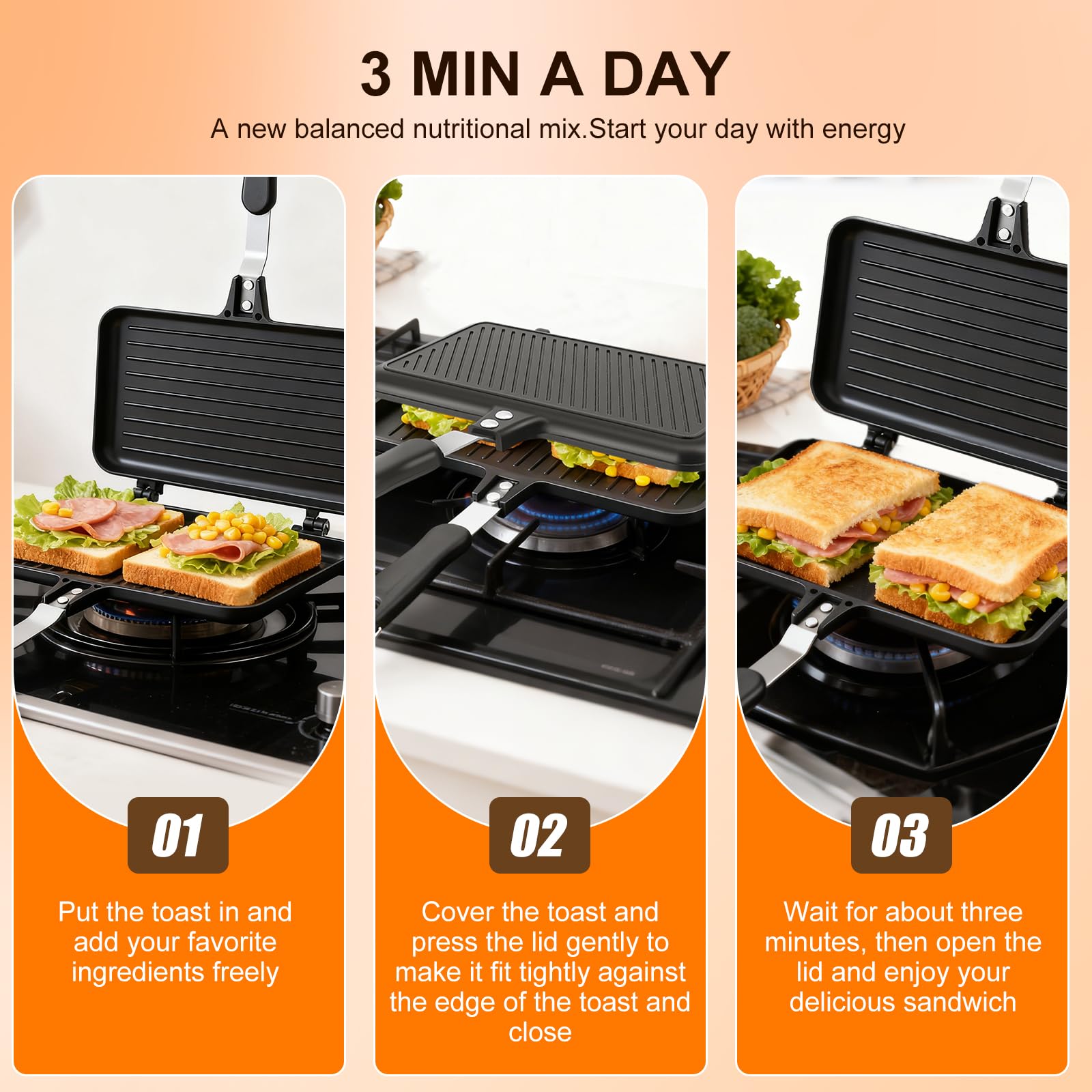 Towwoo Sándwich de doble cara, antiadherente, mango de aluminio, para tortillas y panini, 24 x 13,5 cm