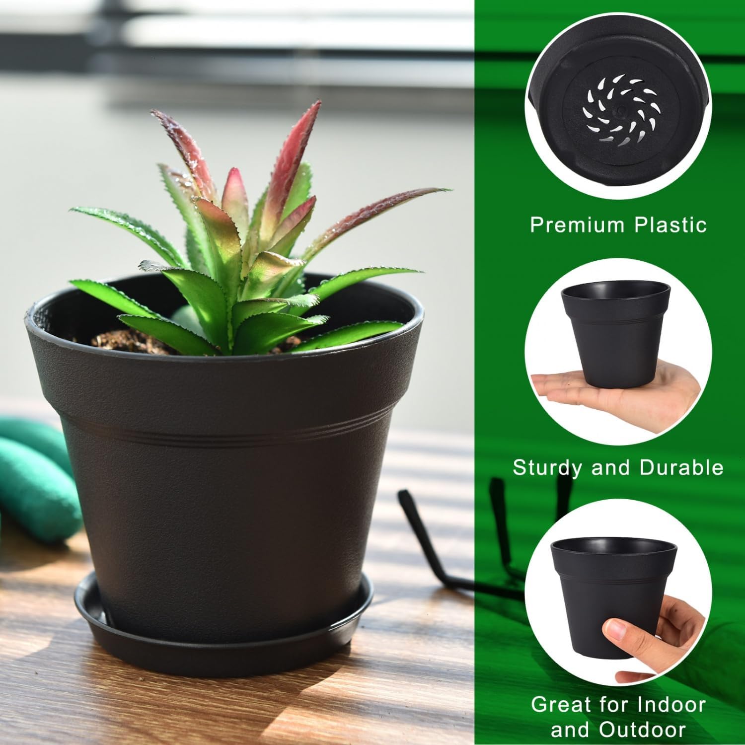 June Fox 60 Pack Small Plant Pots Indoor 4 Inch Plastic Planter with Drainage Holes and Saucers Premium Black Pots for Plants Bulk for Succulent, African Violets, Flowers, Seed Starting