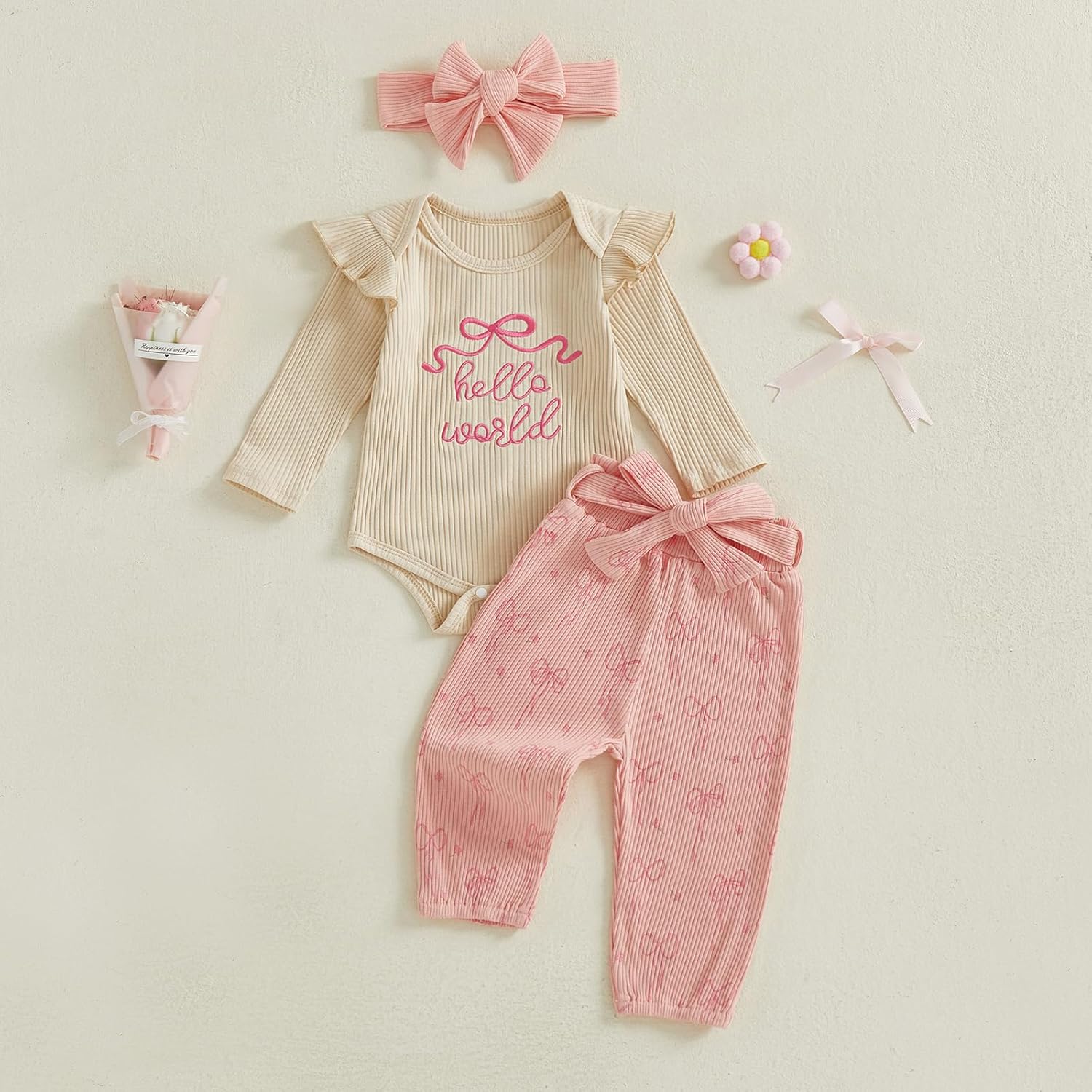 Twopumpkin Preemie Clothes Baby Girl Outfit Newborn Hello World Ribbed Romper Knitted Pants Headband Coming Home Outfits - Image 3