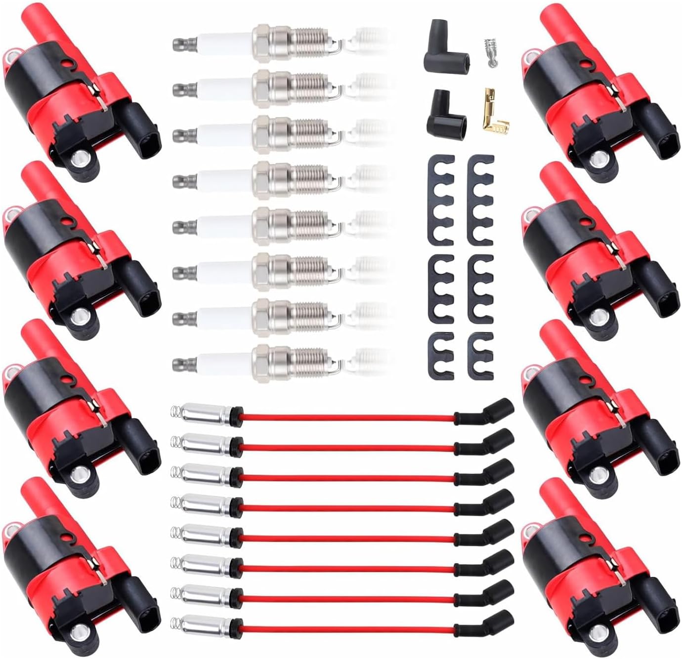 UF414 Ignition Coils Pack & Double Iridium Spark Plugs & 10.2MM Spark Plug Wires for Chevy Avalanche Express Tahoe Silverado Suburban 1500 2500 3500/GMC Savana Sierra Yukon/Cadillac Escalade (RED)