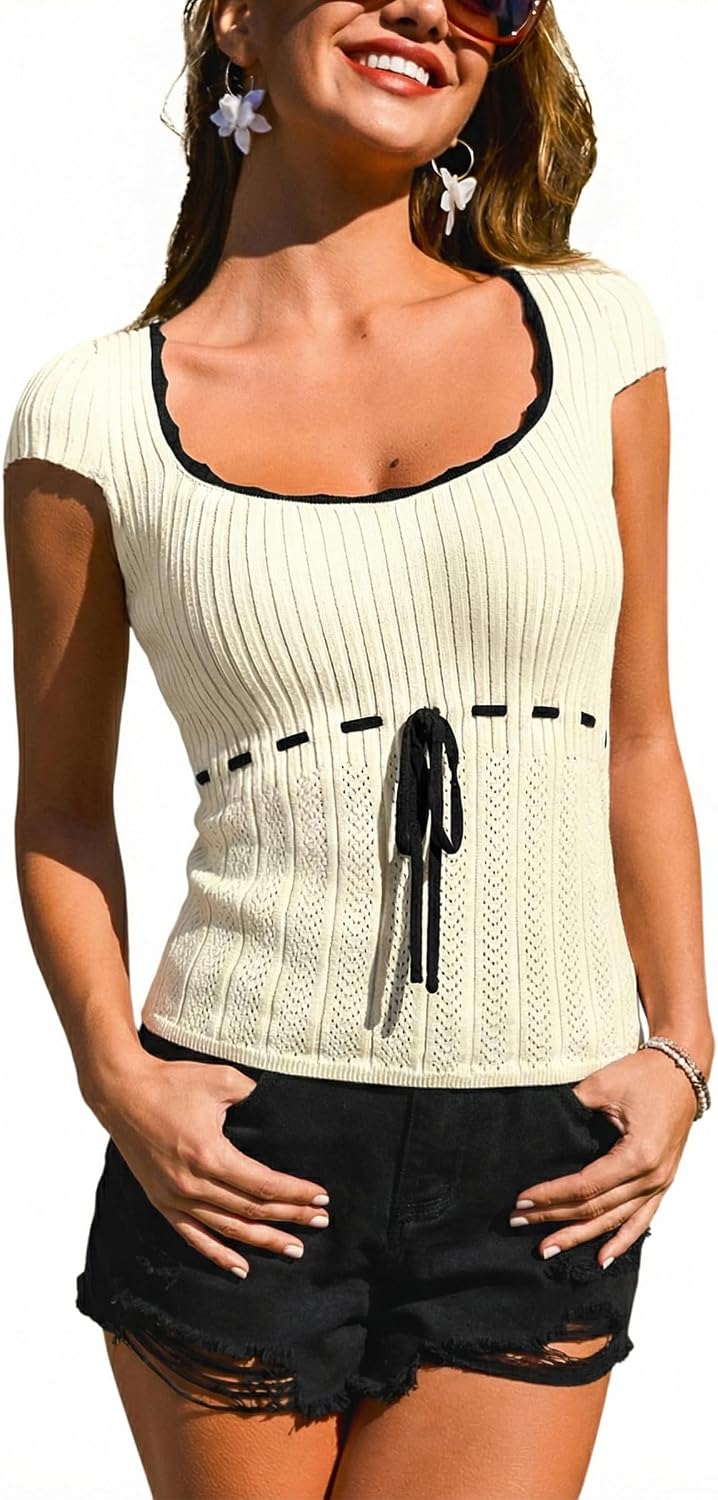 CUPSHE Women's Cute Tie Front Short Sleeve Knit Tops Lightweight Summer Pullover Blouse