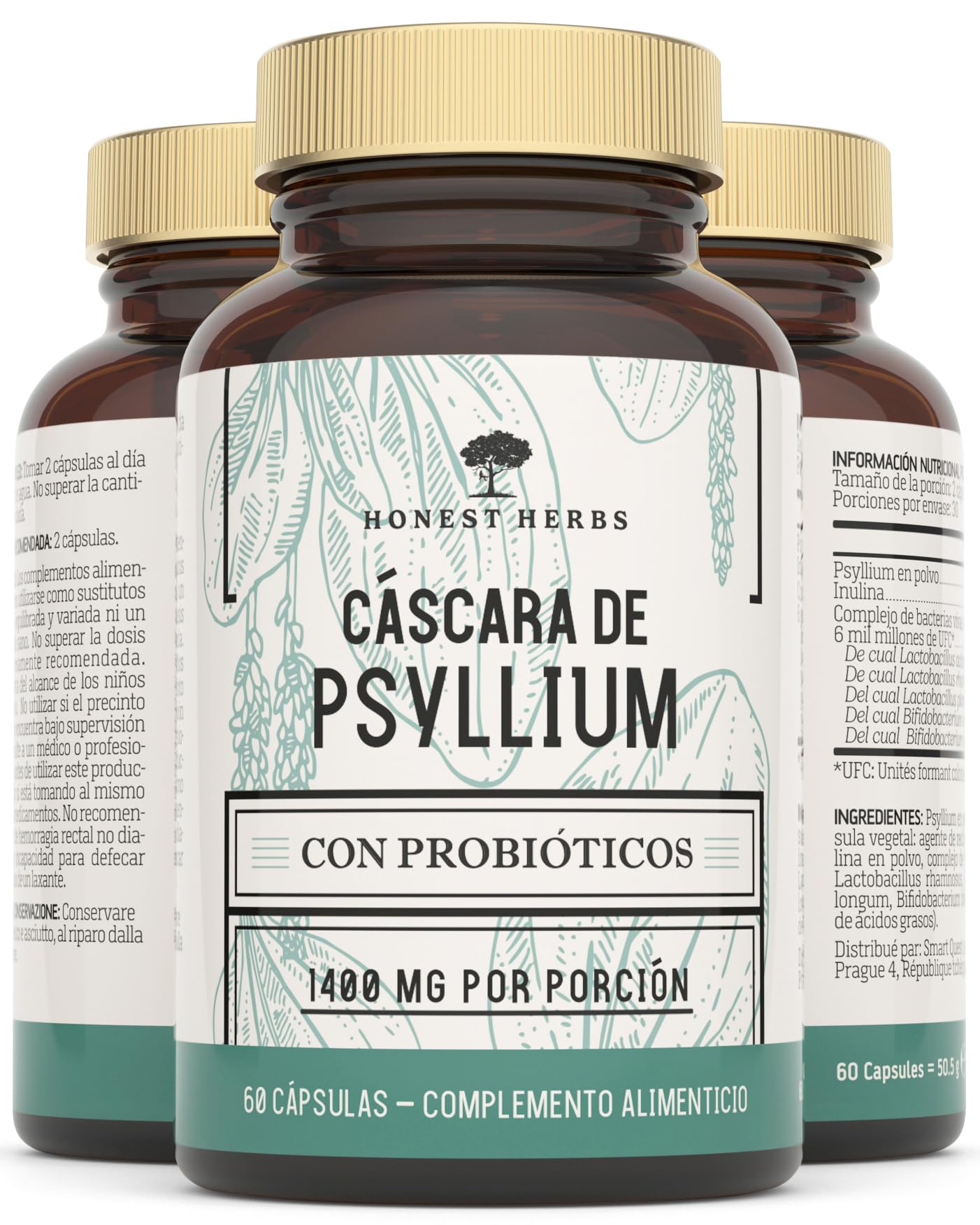 Cáscara de Psyllium con Probióticos 99% Pureza 60 Cápsulas 1400 mg Psyllium Husk 60 Mil Millones Probióticos Digestión Fibra Plantago Ovata Alta Concentración