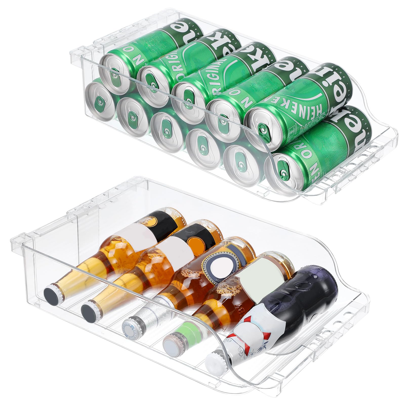 Paquete de 2 organizadores de latas de refrescos de ancho transparente ajustable para refrigerador, dispensador de latas de refresco expandible para cerveza, refrescos, seltzer, pop, organizador para