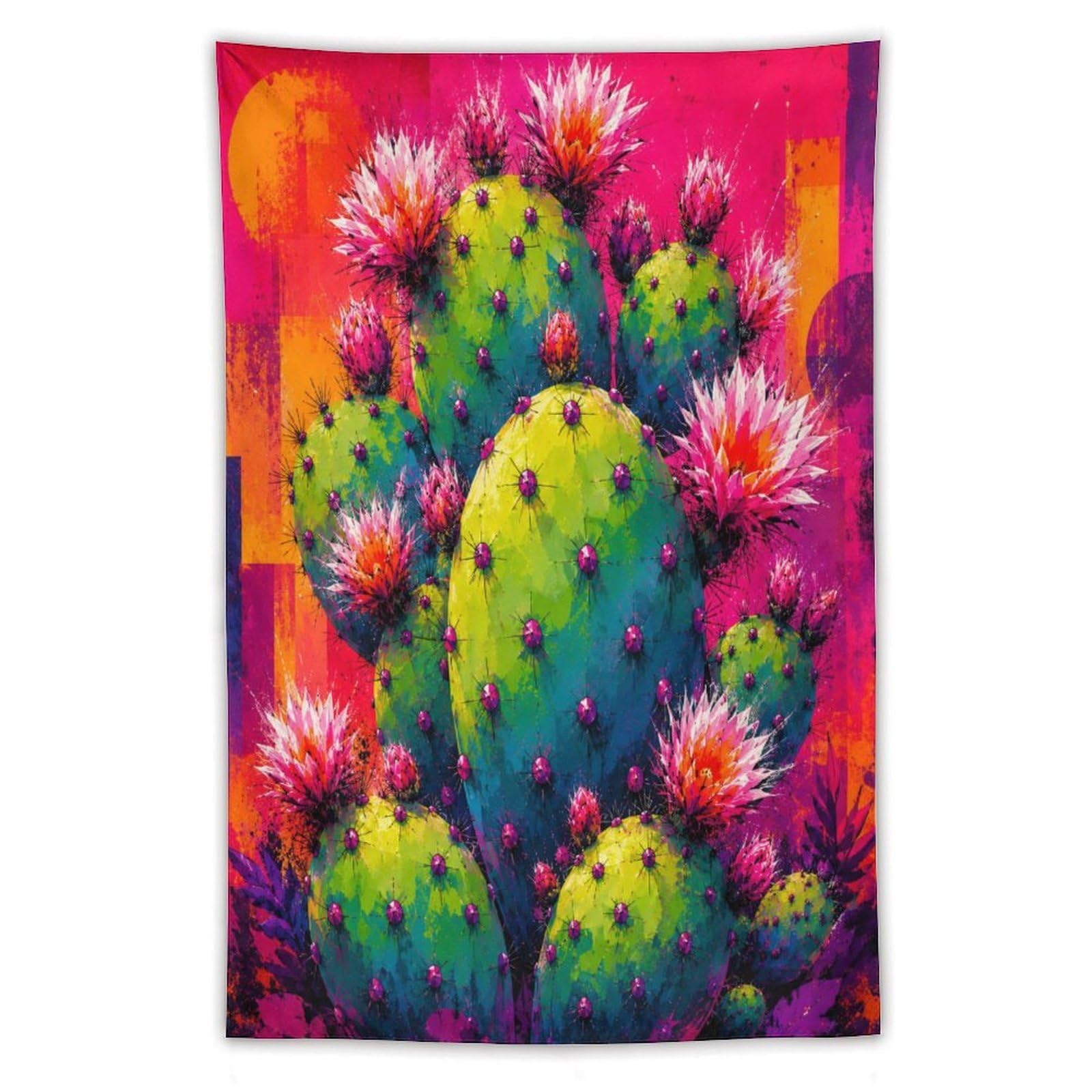 W7C8U2X3 Pink Cactus Color Blocks Wall Tapestry, Bold Neon Garden