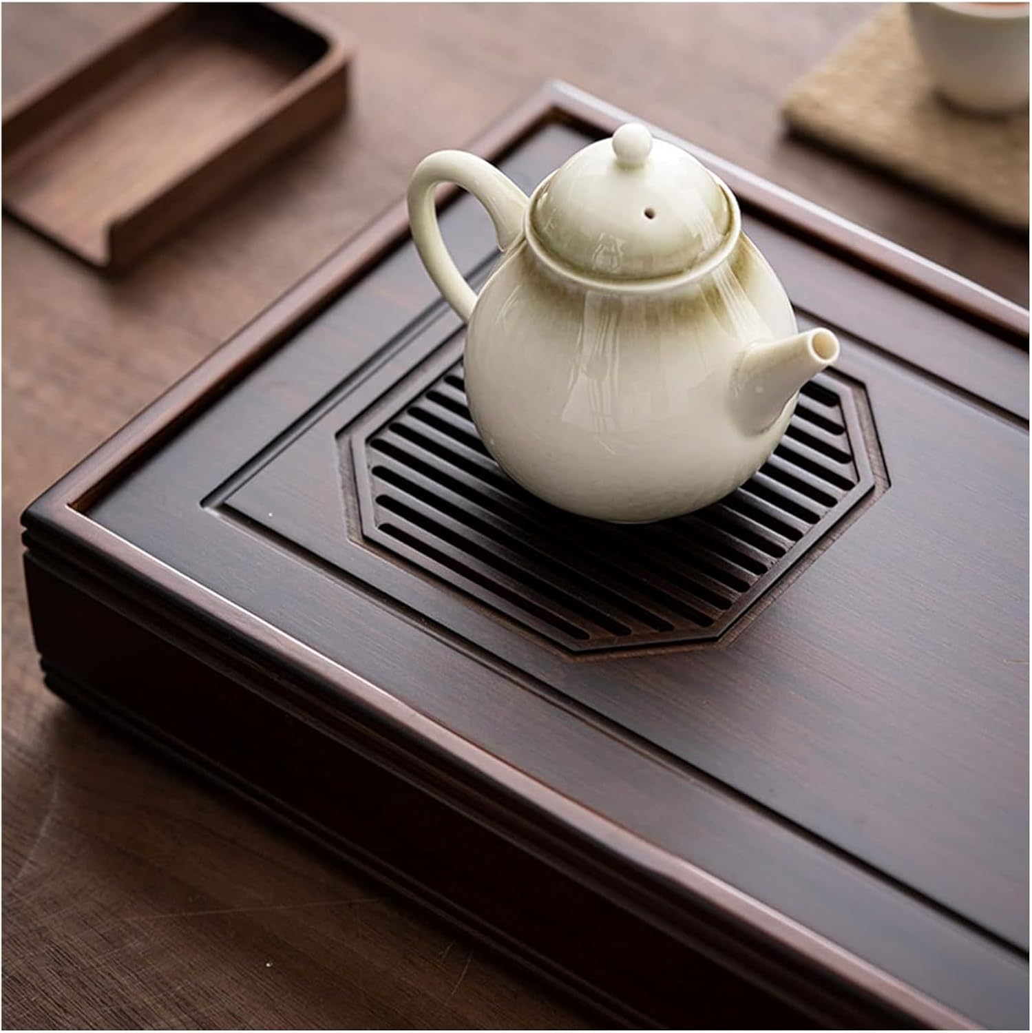 竹茶盤、茶盆、 長方形の貯水池型竹製ティートレイ、取り外し可能なクリーニング、ホームオフィスの装飾トレイ(29.5*17.5cm)