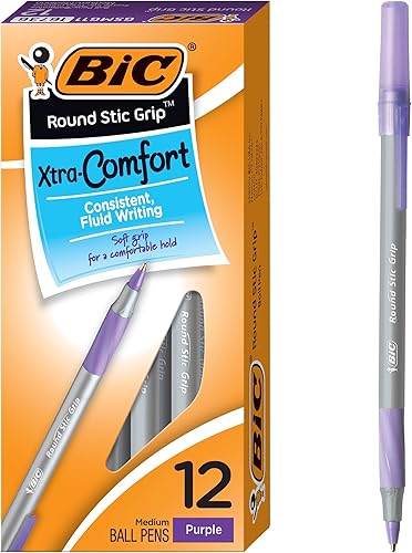 BIC Round Stic Grip Xtra Comfort - Bolígrafo de punta redonda a la moda, morado, paquete de 12