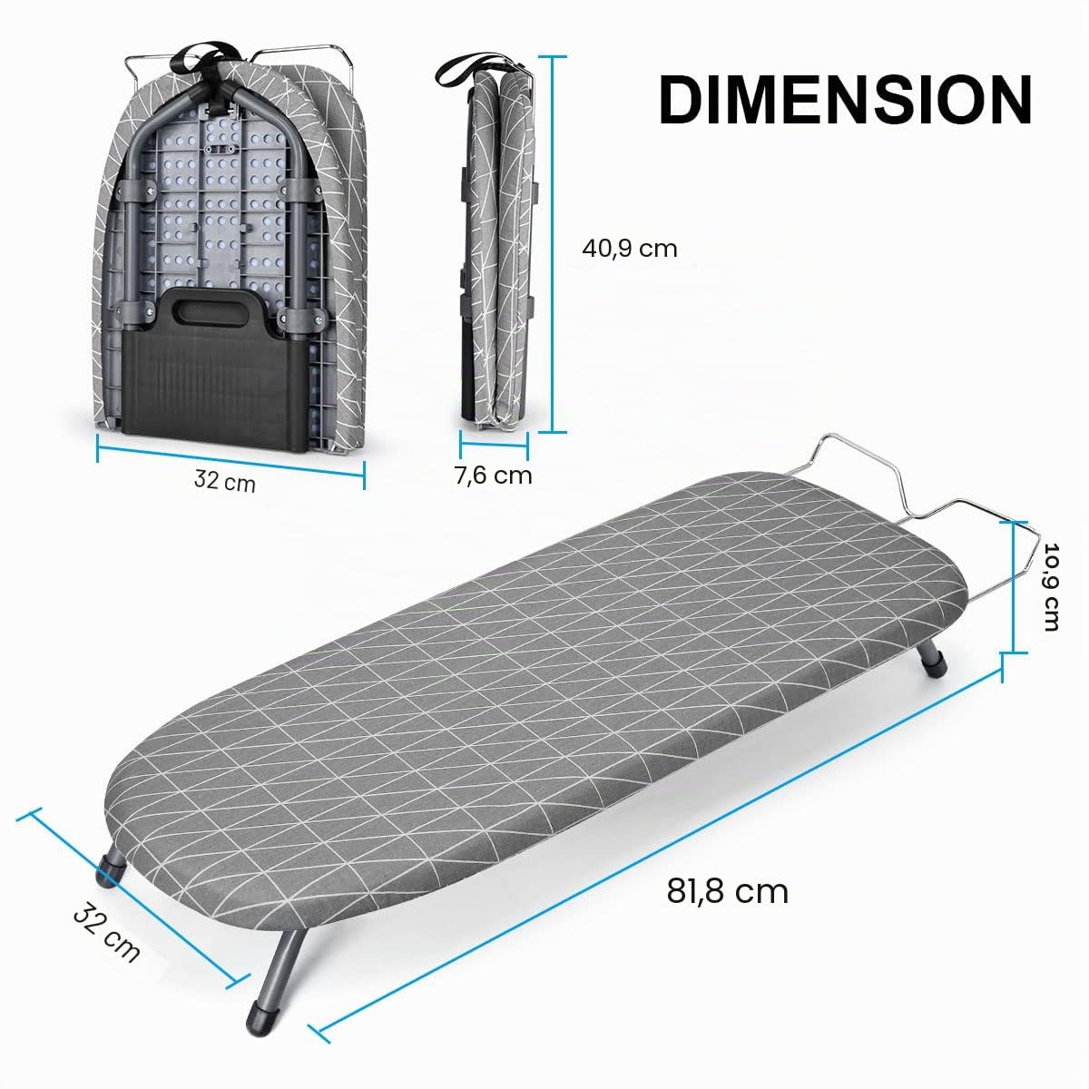 Johgee Table à repasser pliable avec repose-fer,Table à repasser compacte et pliable avec 2 housses,Pieds pliables antidérapants,Légère,Peu encombrante,Idéale pour appartements et caravanes,82x32 cm