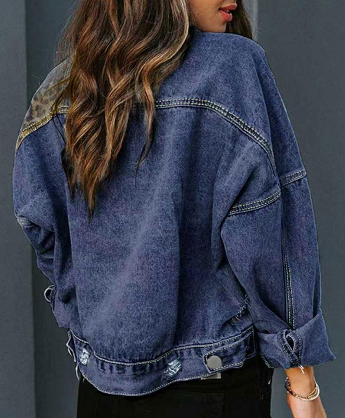 Women's Cotton Blend Denim Leopard Print Panelled Jacket - Image 2