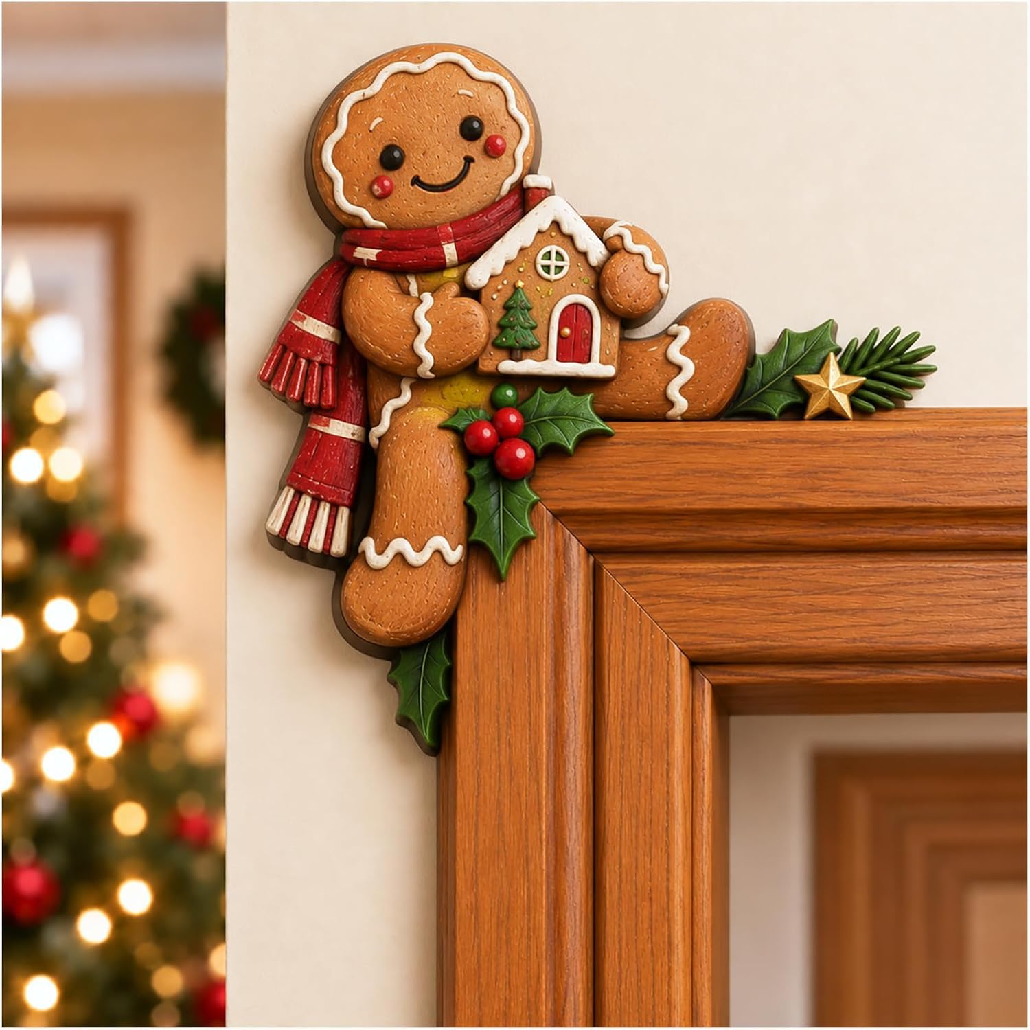 2Pcs Christmas Peekaboo Door Frame Corner Decor, Funny Xmas Home Decor Door Sitter, Wooden Christmas Character, Festive Frame Topper for Entryway, Hallway, Living Room & Holiday Home Decor，Gingerbread