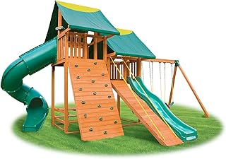 Sky Solid Cedar Wood Swing Set | Jungle Gym with Two Huge Clubhouses, Rock Wall, Enclosed Wave Slide, Gang Plank, Picnic Table, Swings and Accessories | Pre-Assembled Components1,200 lbs - #2