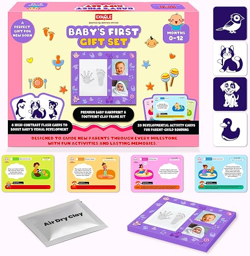 Exhale Baby’s First Gift Set | Newborn Keepsake Kit with Handprint & Footprint Clay Frame, 20 Milestone Activity Cards & 8 Flash Cards | Perfect Baby Shower Gift for Boys & Girls (0–12 Months)