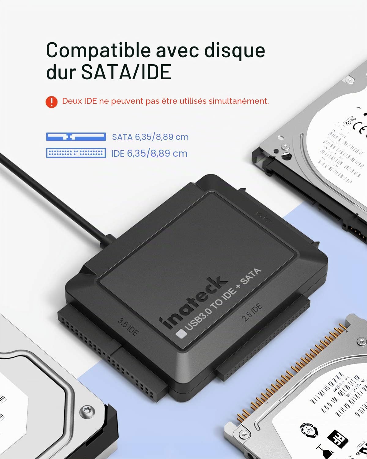 Inateck Adaptateur USB 3.0 vers IDE/SATA, Convertisseur pour 2.5"/ 3.5" HDD/SSD Disque Dur, Un Secteur d’Alimentation 12V/2A et Un câble USB 3.0 Inclus, SA03001