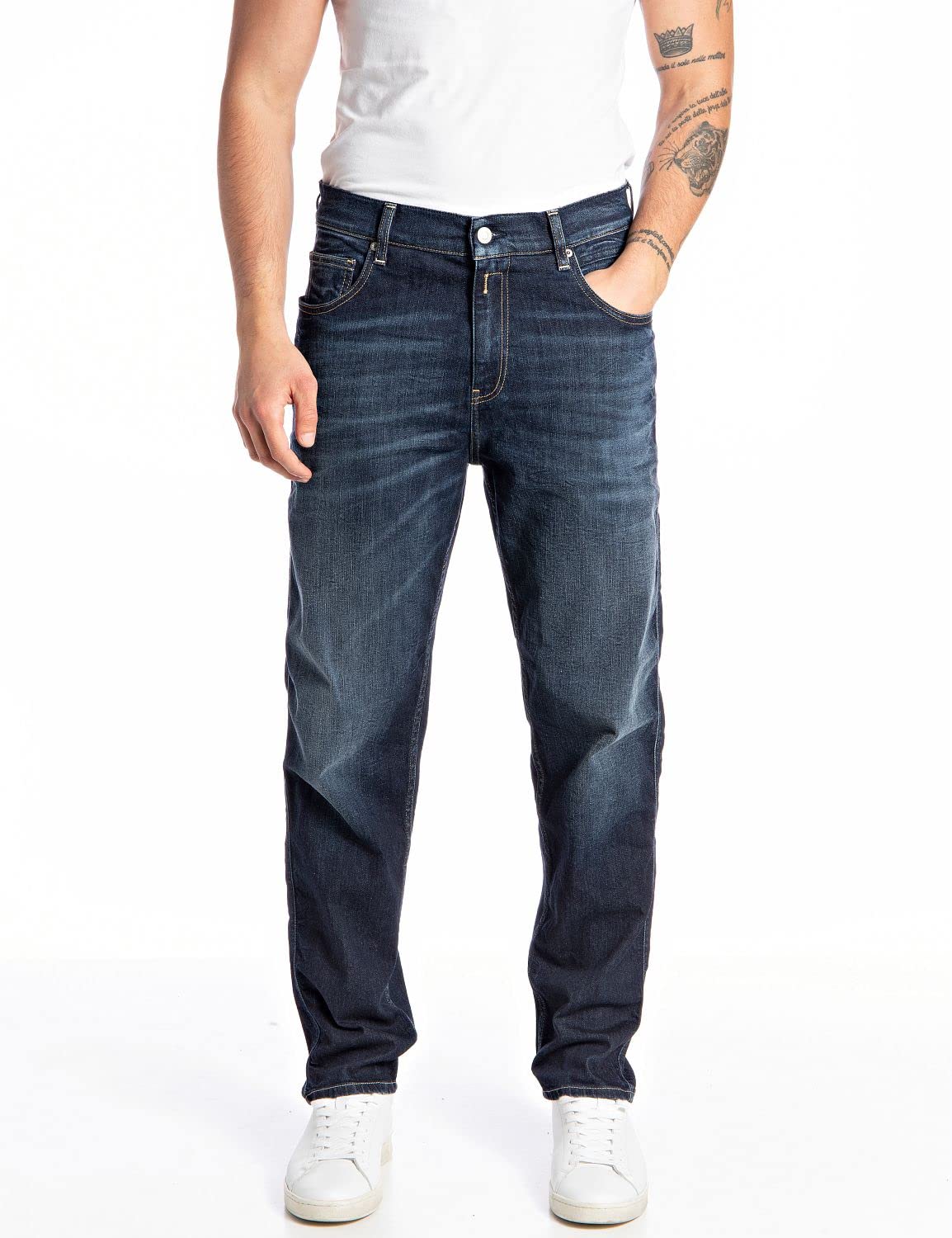 REPLAY Herren Jeans Sandot Tapered-Fit Original, Dark Blue 007 (Blau), 28W / 30L