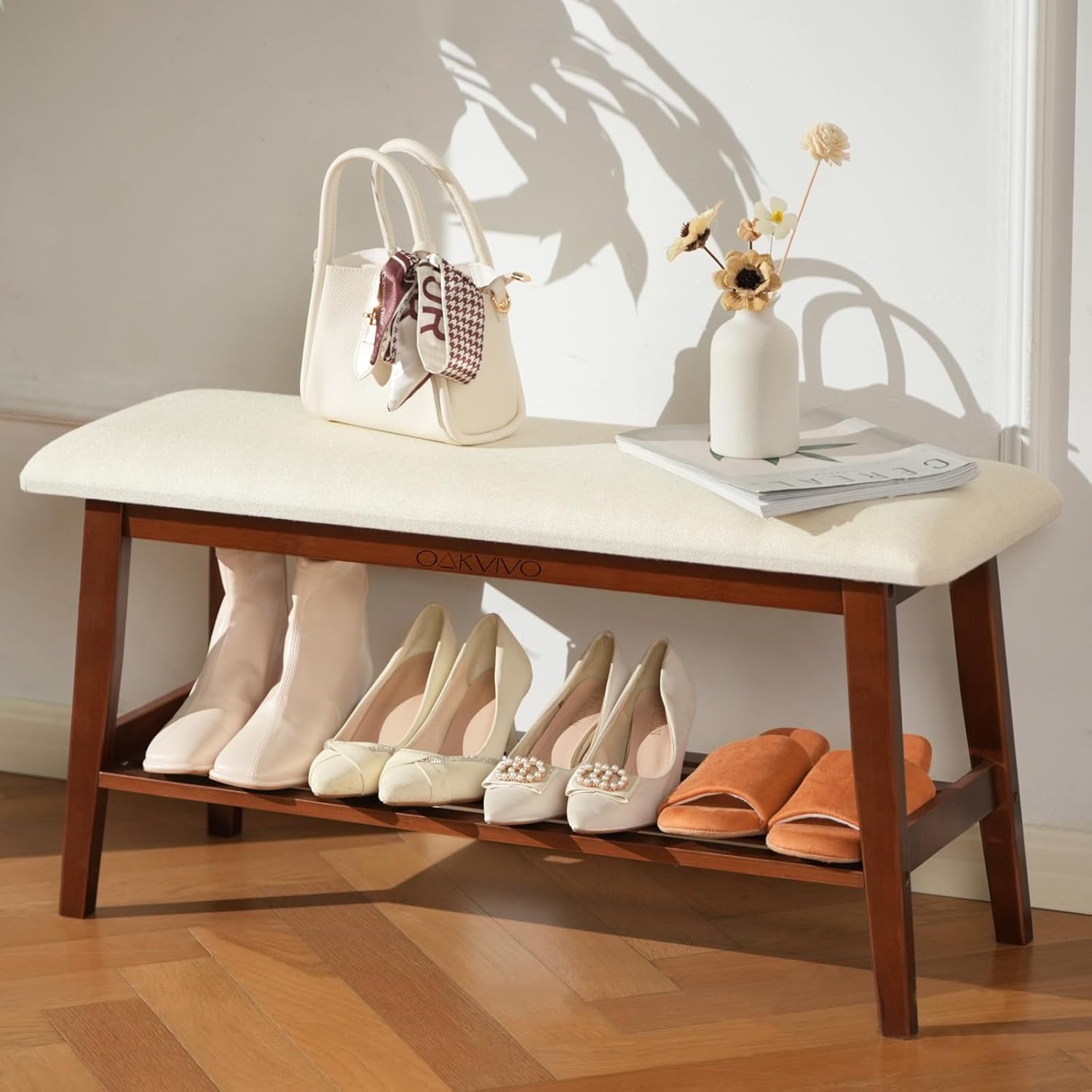 Entryway Shoe Bench, 35.4″ Bamboo Bench for Bedroom End of Bed, 2-Tier Shoe Rack with Cushion Padded Seat, Shoe Organizer Stable for Entry Hallway Living Room Bedroom, 35.4″W x11.2″D x 17.7″H Entryway Shoe Bench, 35.4″ Bamboo Bench for Bedroom End of Bed, 2-Tier Shoe Rack with Cushion Padded Seat, Shoe Organizer Stable for Entry Hallway Living Room Bedroom, 35.4″W x11.2″D x 17.7″H