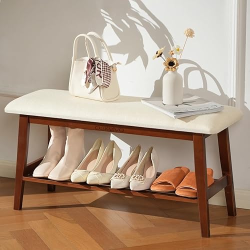 Entryway Shoe Bench, 35.4" Bamboo Bench for Bedroom End of Bed, 2-Tier Shoe Rack with Cushion Padded Seat, Shoe Organizer Stable for Entry Hallway Living Room Bedroom, 35.4"W x11.2"D x 17.7"H