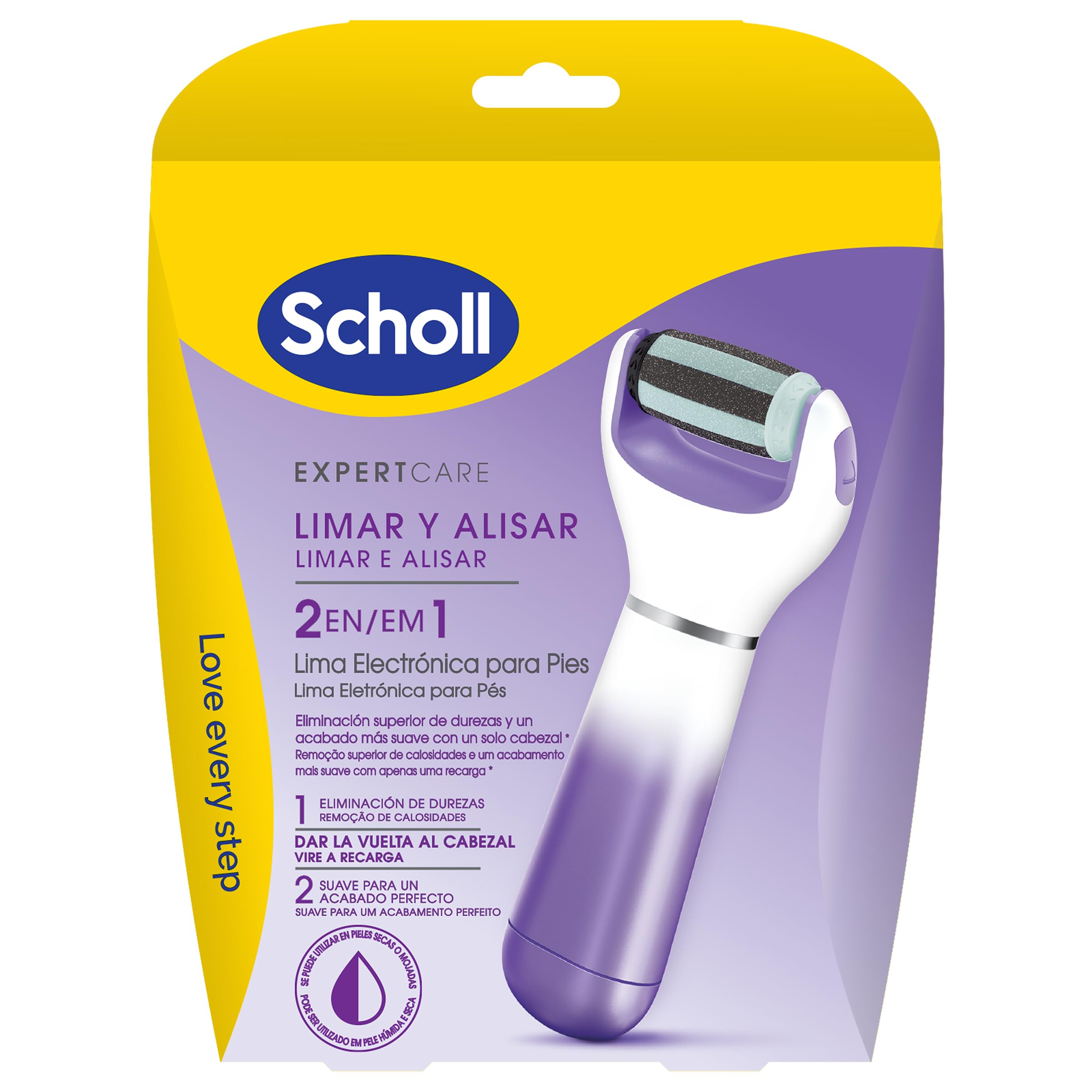 Scholl Velvet Smooth, Lima Electrónica de Pies y Piernas Secas, Exfoliante y Alisador 2 en 1, Lima de Color Morado con Cabezal Exfoliante
