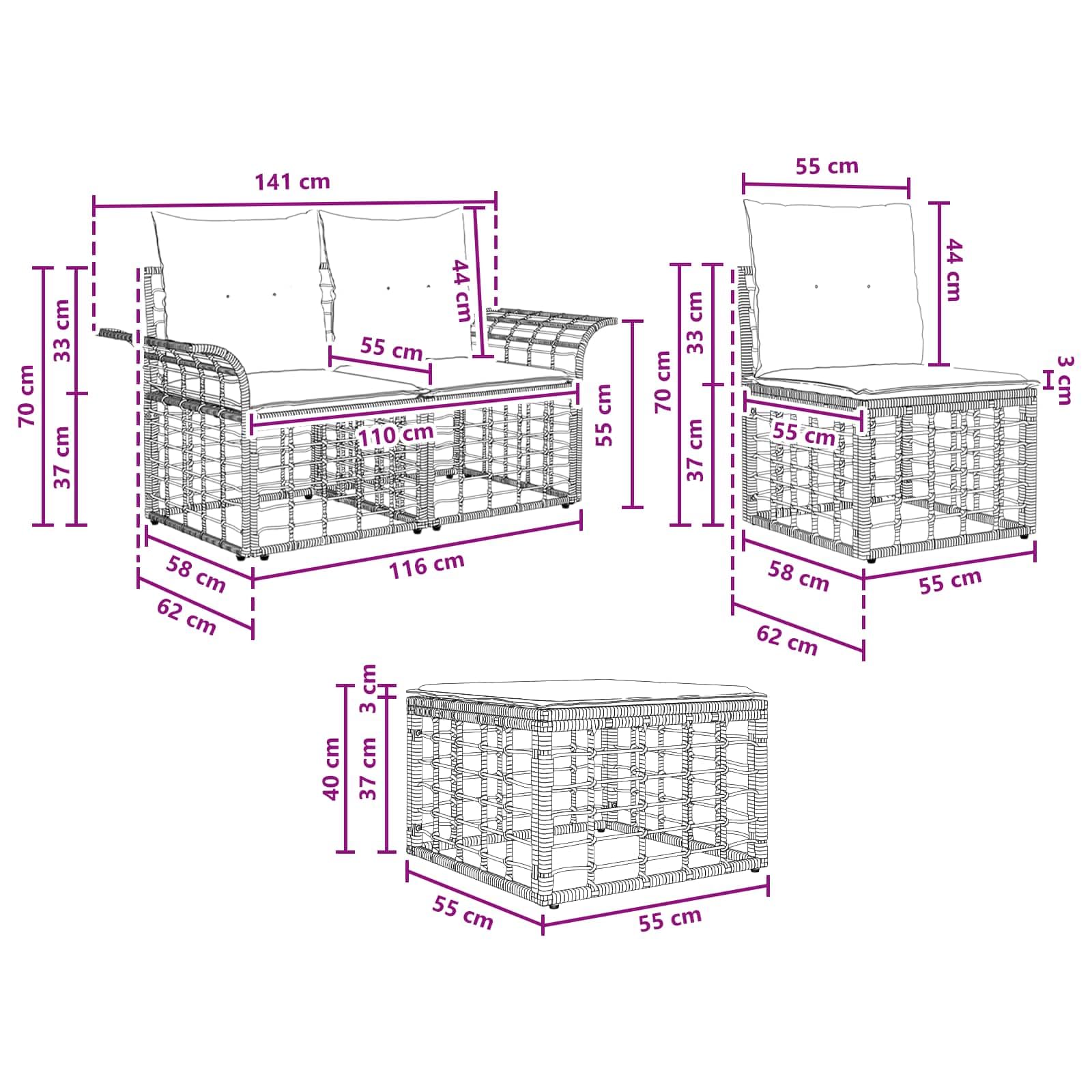 Ensemble de canapés d extérieur modulaires 5 pièces Noir et Gris foncé, Salon de Jardin sectionnel en Poly Rattan, Acier thermolaqué et Coussins résistants aux intempéries pour terrasse