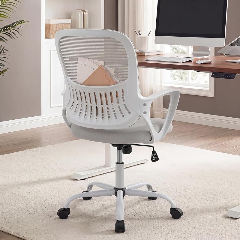 Home Office Desk Chair, Lumbar Support, Mesh Back Computer Chair | Height Adjustable, Mesh Mid-Back, Ergonomic Task Gaming Chair with 360° Swivel Wheels, Lumbar Support, Grey