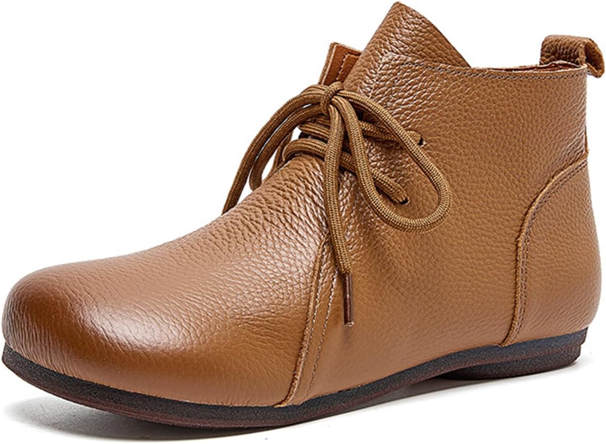 Women’s Leather Round Toe Lace-up Flats Ankle Boots Casual Comfort Soft Sole Pull-on High Top Low Heel Short Boots for Office Shopping Walking