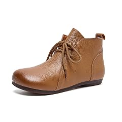 Womens Leather Round Toe Lace-up Flats Ankle Boots Casual Comfort Soft Sole Pull-on High Top Low Heel Short