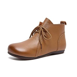 Womens Leather Round Toe Lace-up Flats Ankle Boots Casual Comfort Soft Sole Pull-on High Top Low Heel Short