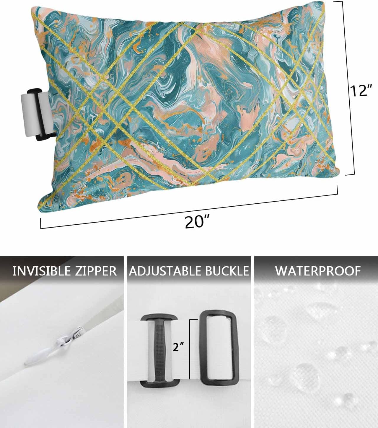 Pack of 2 Turquoise Lumbar Pillow Covers, Outdoor Waterproof Throw Pillow Covers Set, Modern Geometric Marble Abstract Art Decorative Cushion Case for Patio Beach, 12x20 Inch