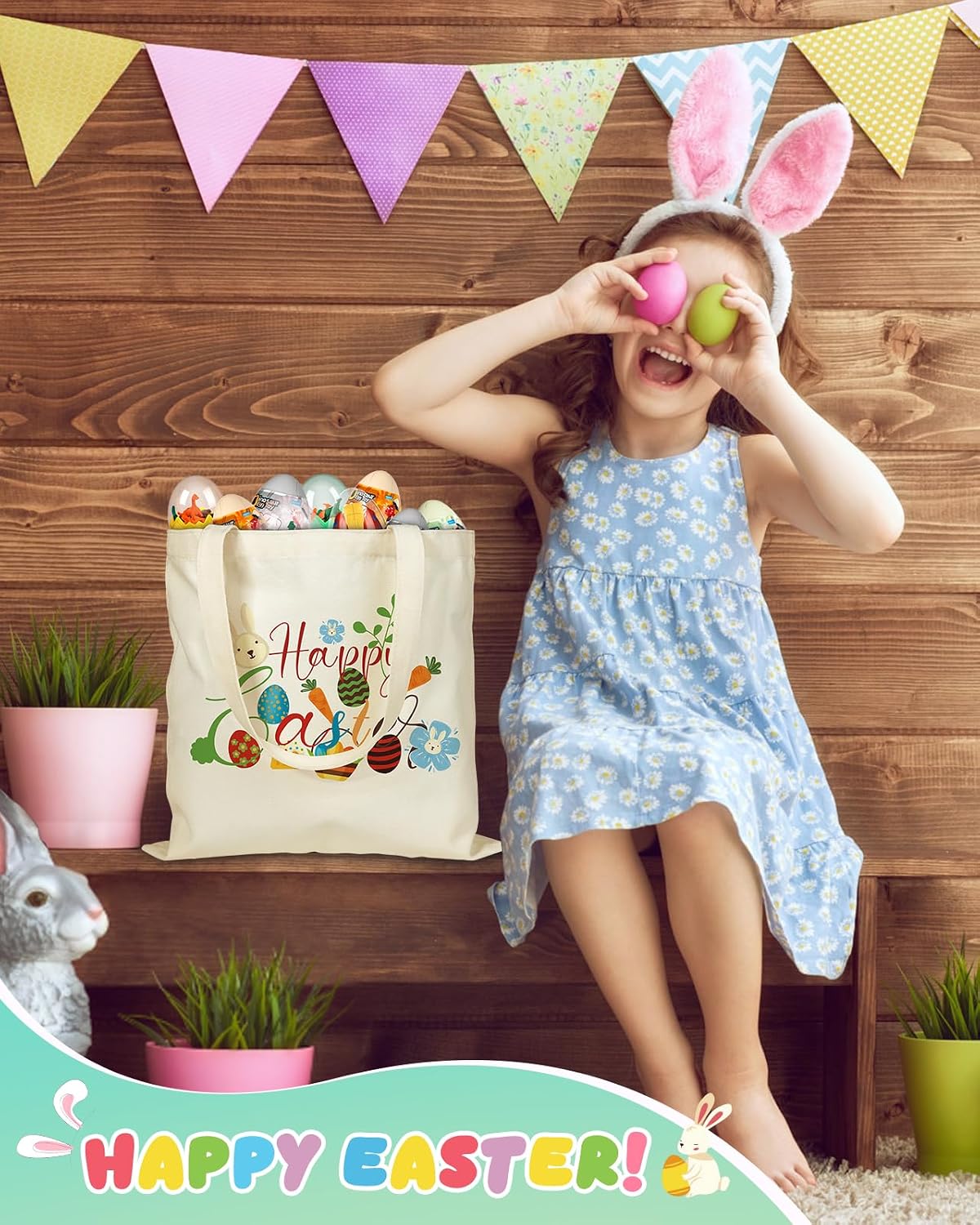 Easter Canvas Tote Bags for Kids - 2 Pack Bunny Treat Easter Canvas Bags with Handles, Perfect for Egg Hunts image 3