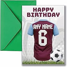 AK Giftshop Personalised Football Birthday Card, Jersey Design, A5 Size, with Green Envelope - Custom With Any Name and Number (West Ham Colours)