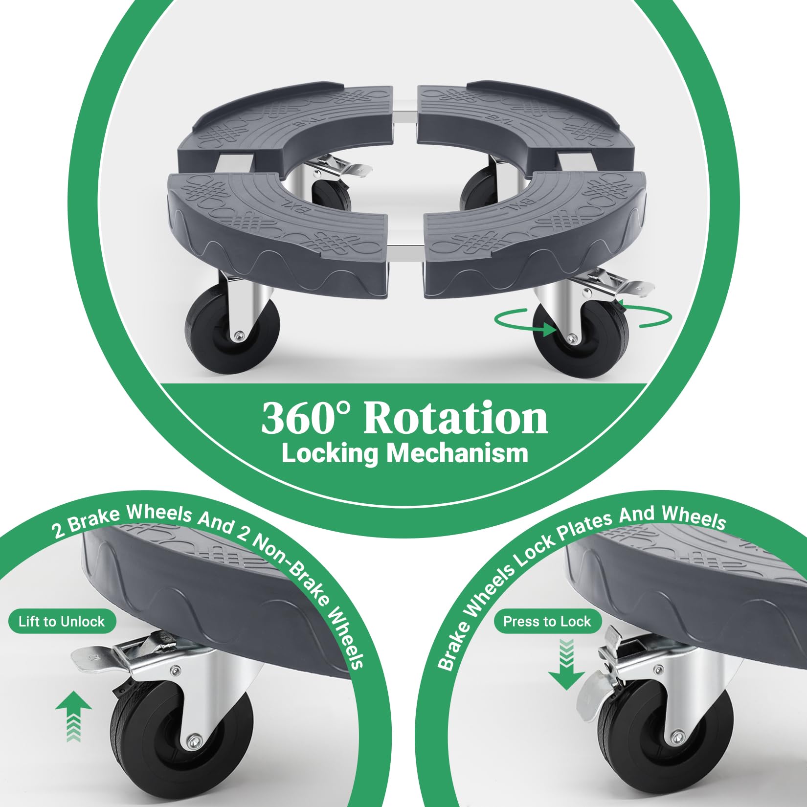 Soporte para Plantas de 220KG de Capacidad, Adjustable Plataforma para Macetas de Peso Pesado, Rodillo para Plantas con Tubo de Acero Inoxidable, Base con Ruedas PE para Sombrillas, Gris