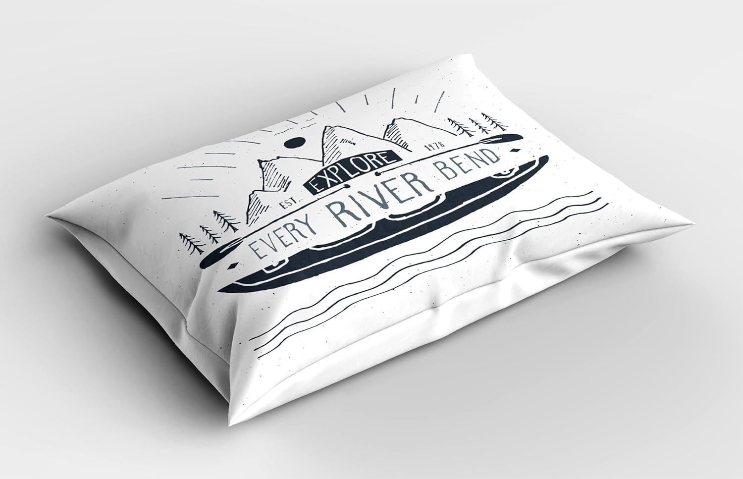 Ambesonne Explore Pillow Sham Set of 2, Hand Drawn Sketch Mountains and Kayak with Explore Every River Bend Slogan, Quality Microfiber Bedding Item for All Seasons, 36" x 20", Blue