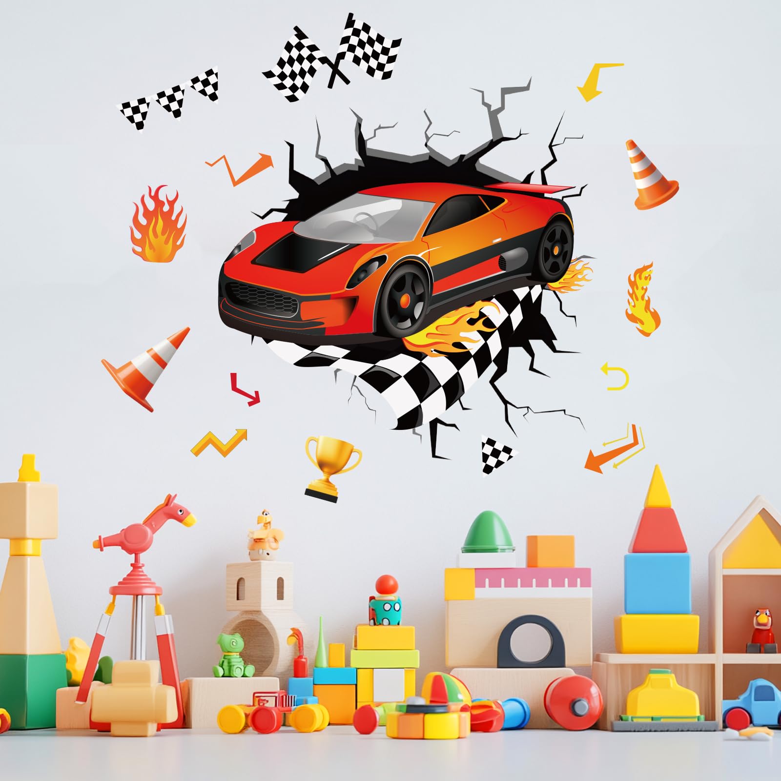 beinkmake 3D Racing Cars Wall Decals Fast Red Car Break Through The Wall Stickers Simulation Crack Hole Flags Flames Wall Decor Gifts for Boys Bedroom Nursery Living Room Apartment - Image 3
