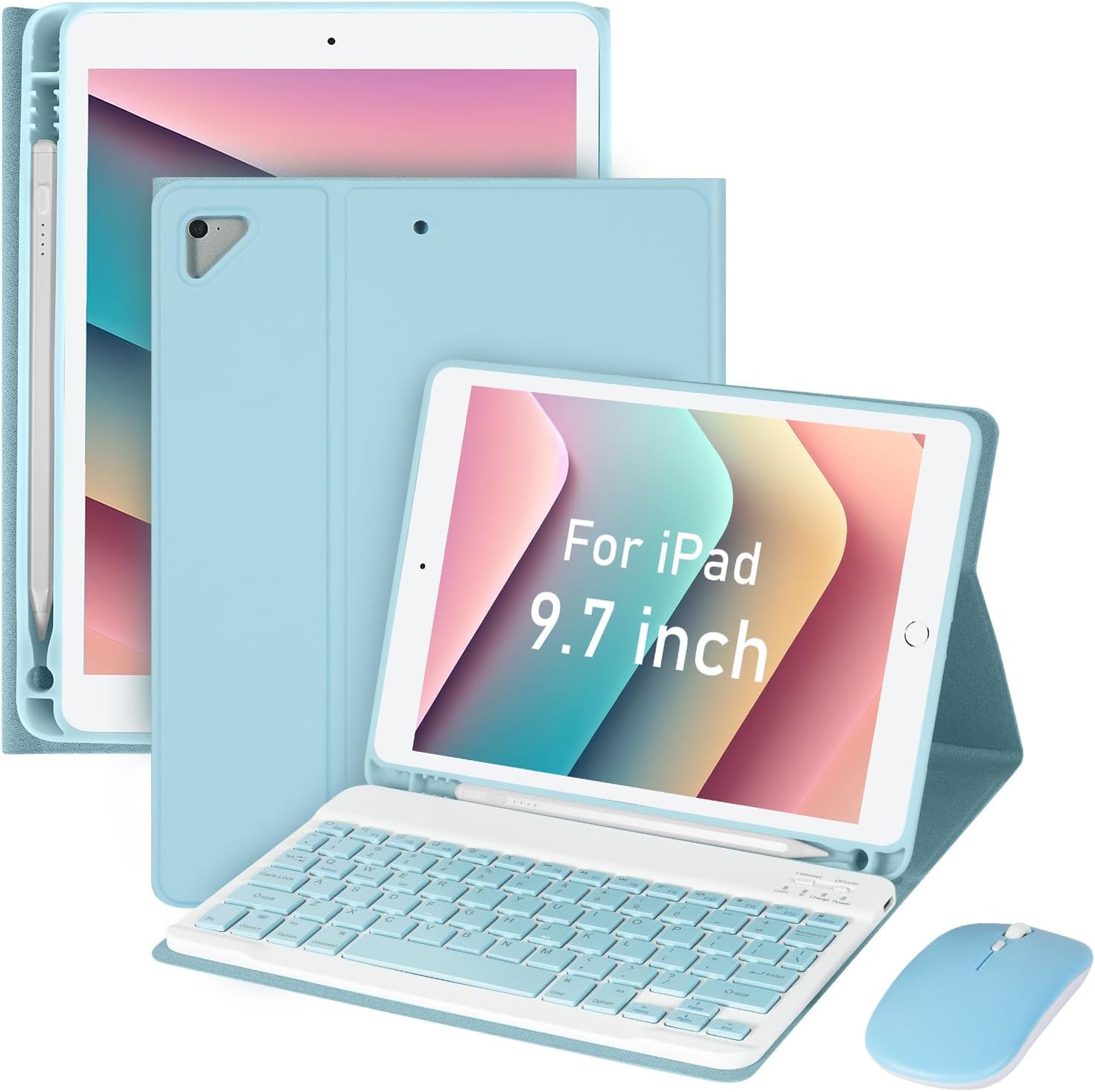for iPad Pro 9.7 inch Case with Keyboard and Mouse for iPad 2018 (6th Gen)/ 2017 (5th Gen), 2016 iPad Pro/Air 2/1 Keyboard Case with Mouse, Bluetooth Wireless Keyboard Cover with Pencil Holder, Blue