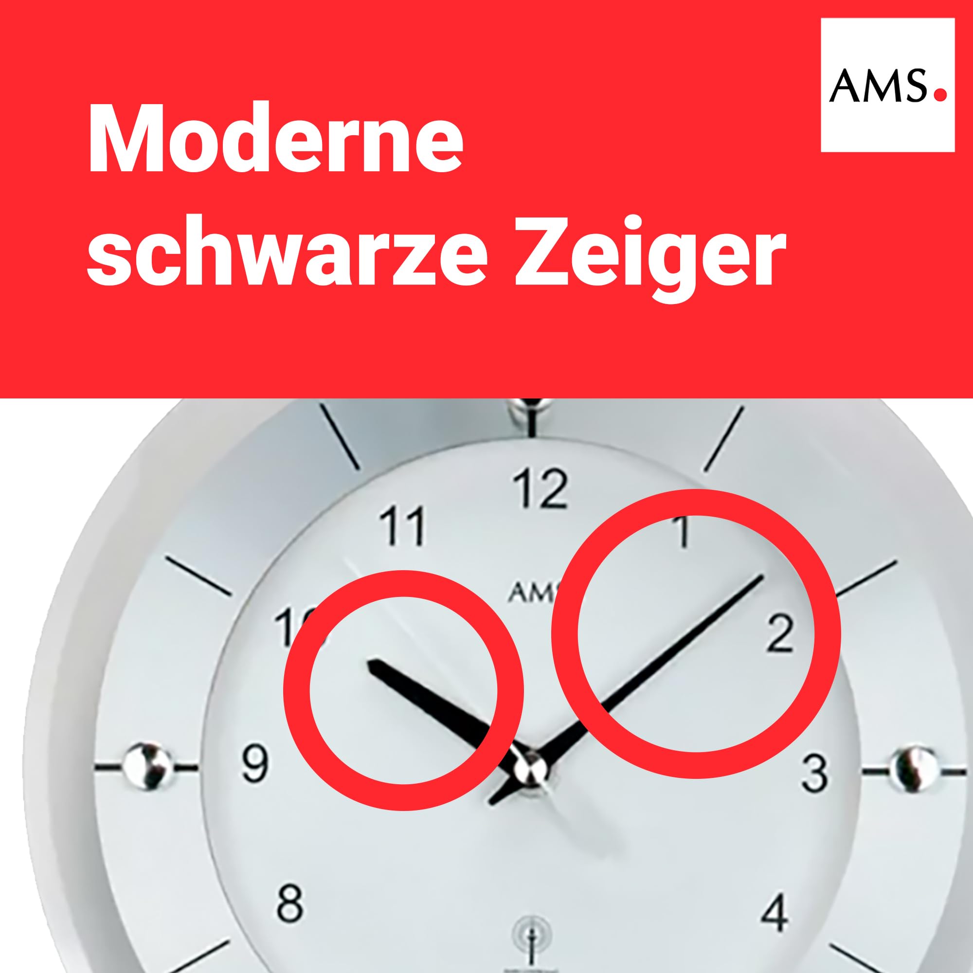 AMS Pendelwanduhr 5254, Funk, mit Silberlackierten Metallstäben, Aluminiumfrontreif und Mineralglas, Arabische Ziffern, 24 x 60 x 6 cm