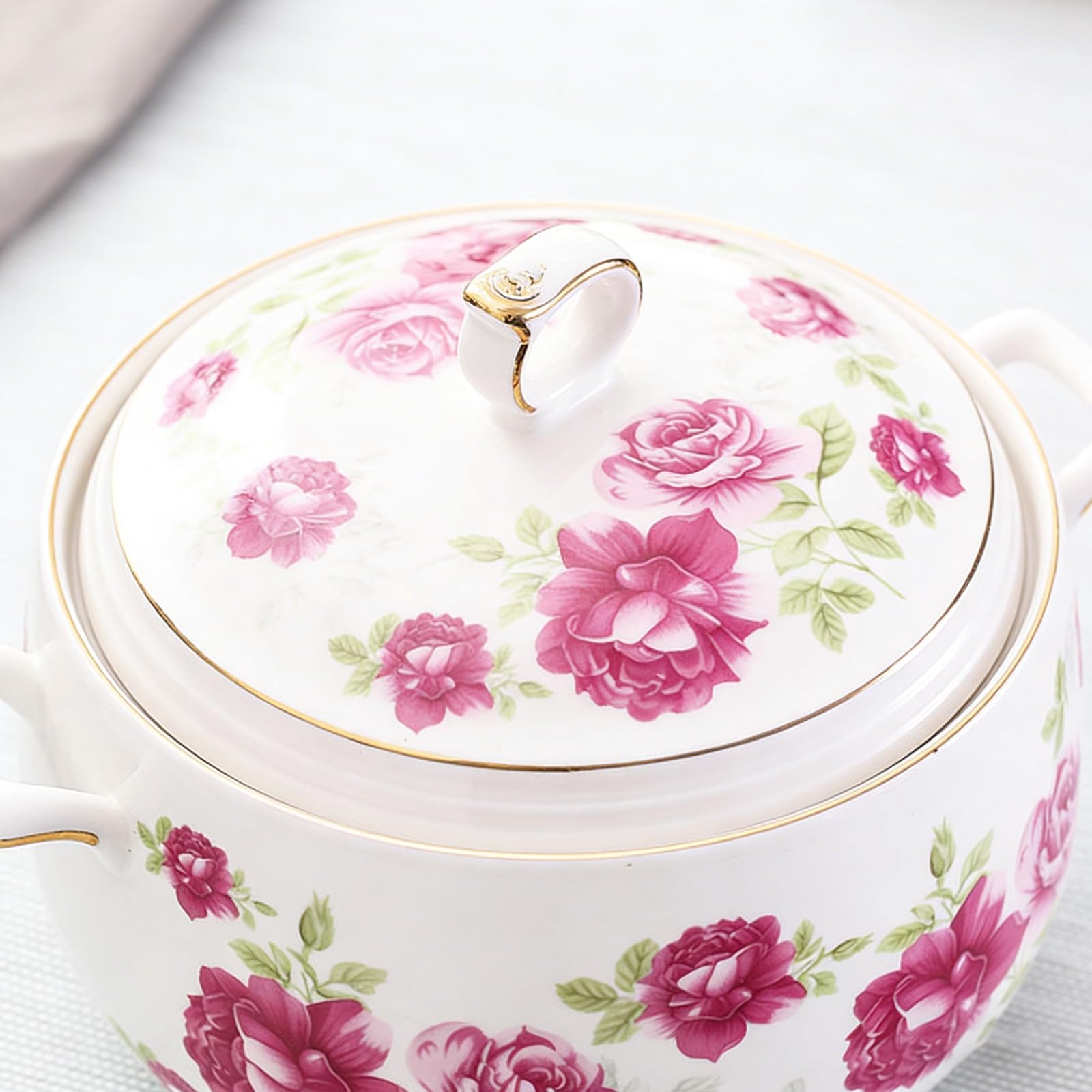 Keramik-Suppenterrine mit Glasdeckel, Porzellan-Serviersuppenschüssel mit großem Fassungsvermögen, weißer runder Instant-Nudeltopf for die Dekoration zu Hause in der Küche(Pink,3L)