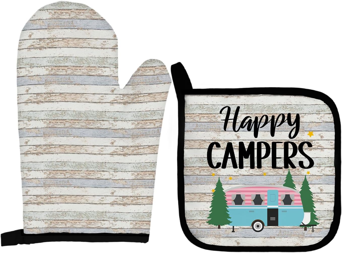 Happy Camper Oven Mitts and Pot Holders Sets, Camper Camping Gifts Oven Mitts, Farmhouse Rv Camping Cooking Over Mittens for Kitchen Decor, Camping Gifts for Campers Camping Lover Women Men