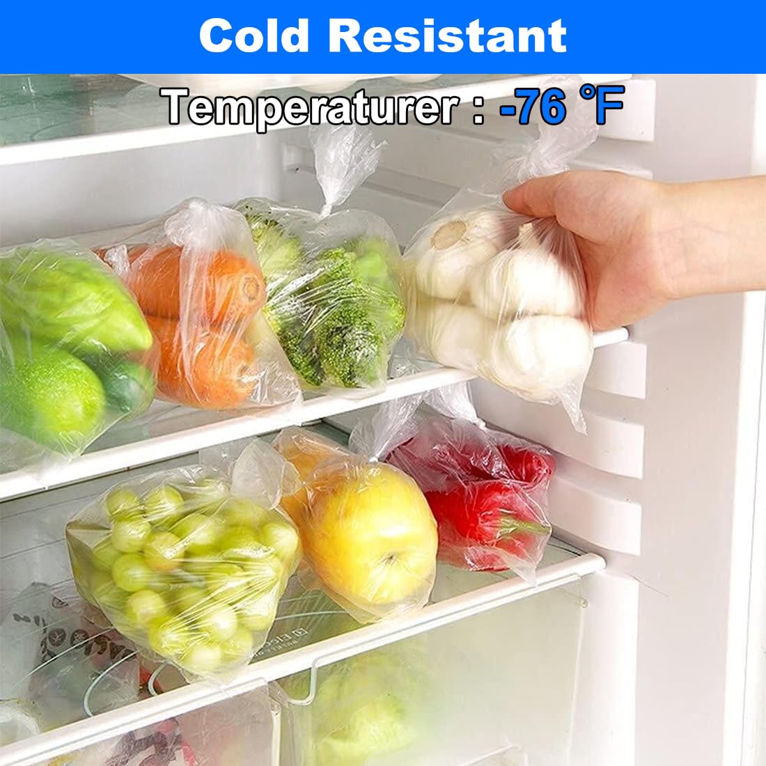 Bolsas de almacenamiento de alimentos, bolsas de plástico transparente de 12 x 16 pulgadas, rollo de bolsas de productos frescos para alimentos, frutas, verduras, almacenamiento de refrigerador