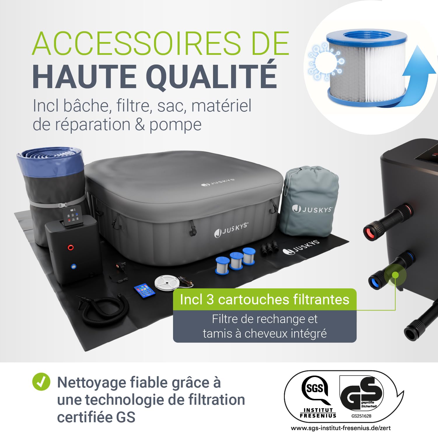 JUSKYS® Bain bouillonnant SpaLuxe – Structure extérieure, 130 Buses, Puissance Totale 3000 W, éclairage LED Gris/Bleu