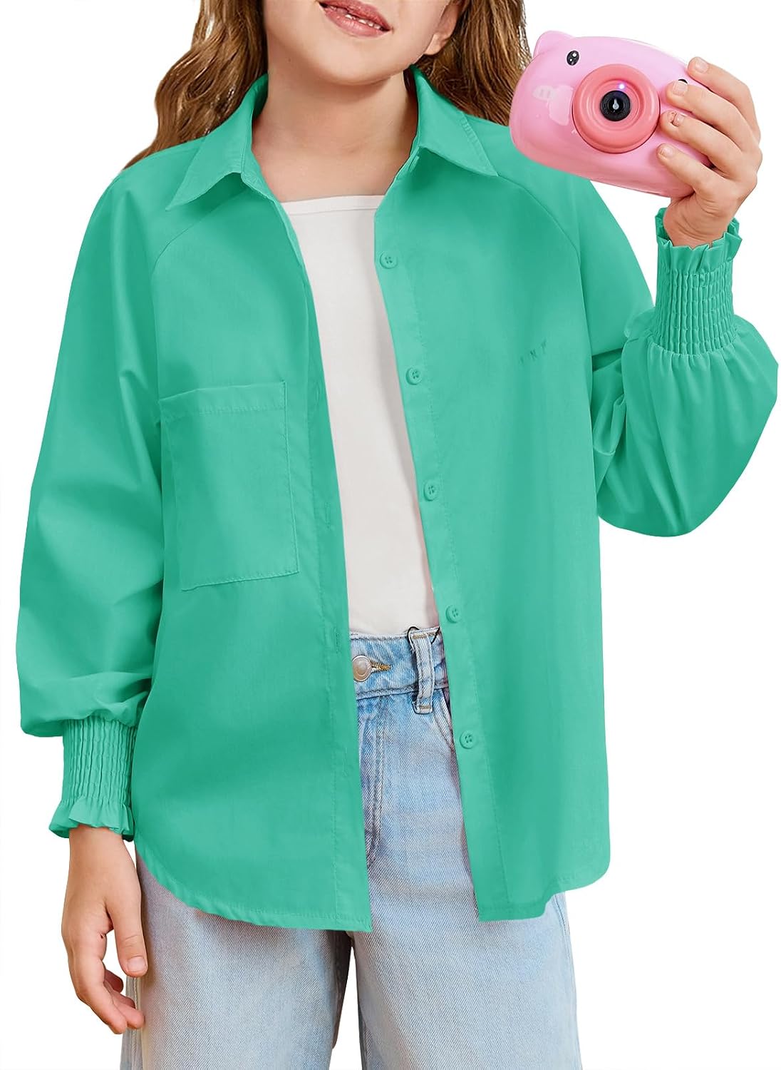 Haloumoning Girls Button Down Shirts Long Smocked Puff Sleeve Oversized Blouse Tops 5-14 Years