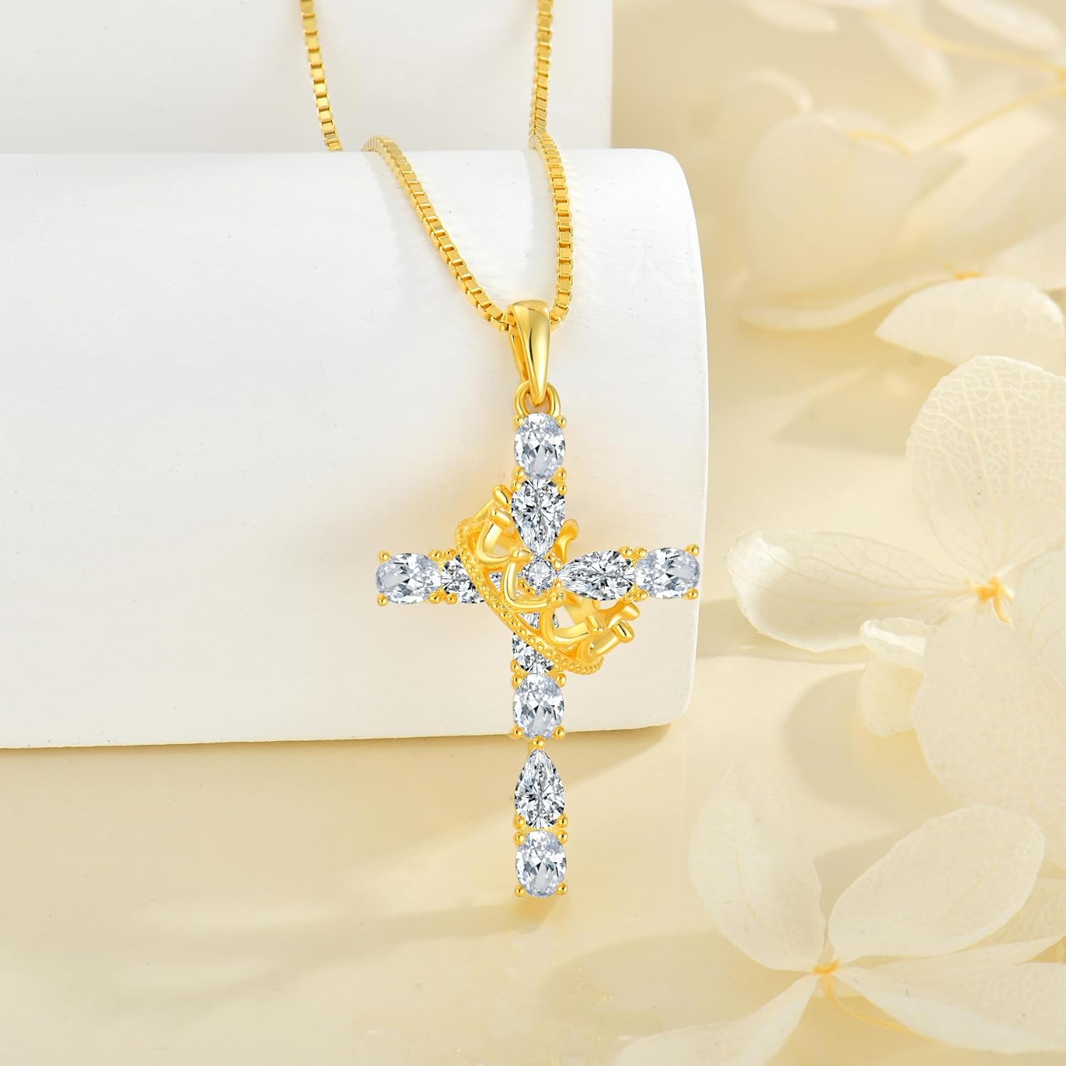 Cross with Crown Necklace for Women 925 Sterling Silver Oval and Pear Shaped Birthstone Cross Crown Necklace Religious Crucifix Pendant Jewelry - Image 2