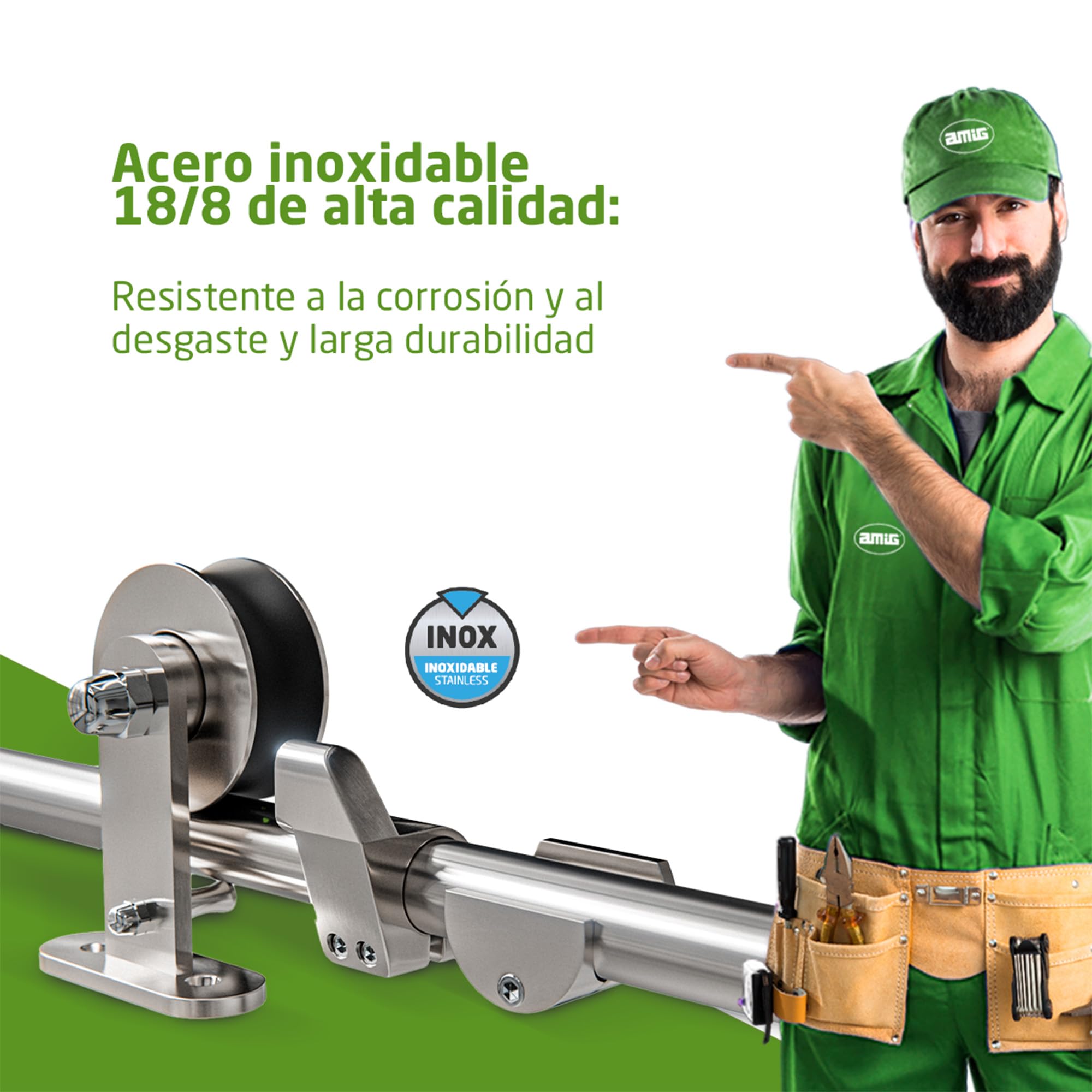 Amig - Kit puerta corredera madera - Guía 186 cm acero inoxidable 18-8 mate - 80 kg máximo - Mod. SD002
