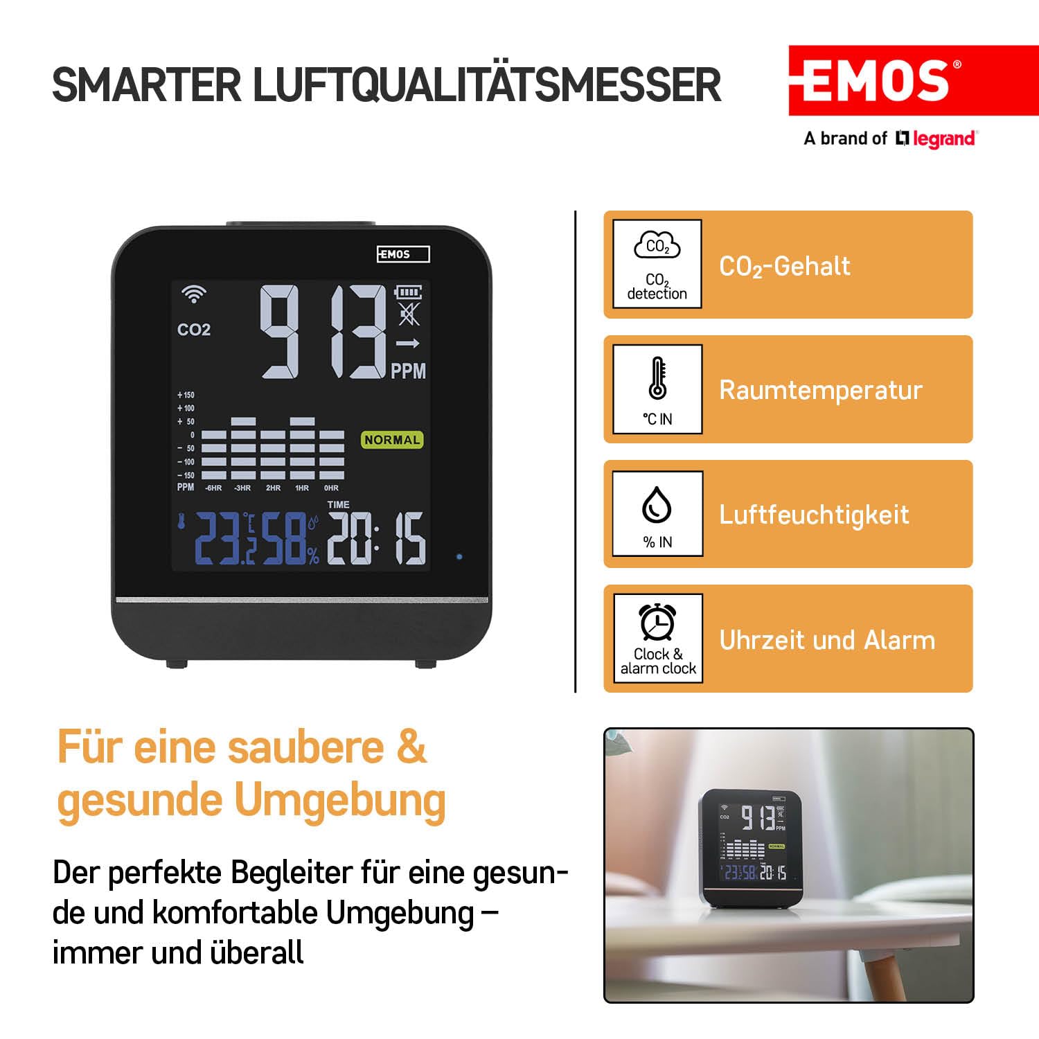 EMOS GoSmart - Smart Home Luftqualitätsmonitor mit App - WiFi - Farbdisplay - CO2 Messgerät - Temperatur und Feuchtigkeitssensor - USB-C Stromversorgung - TUYA, SmartLife kompatibel - schwarz