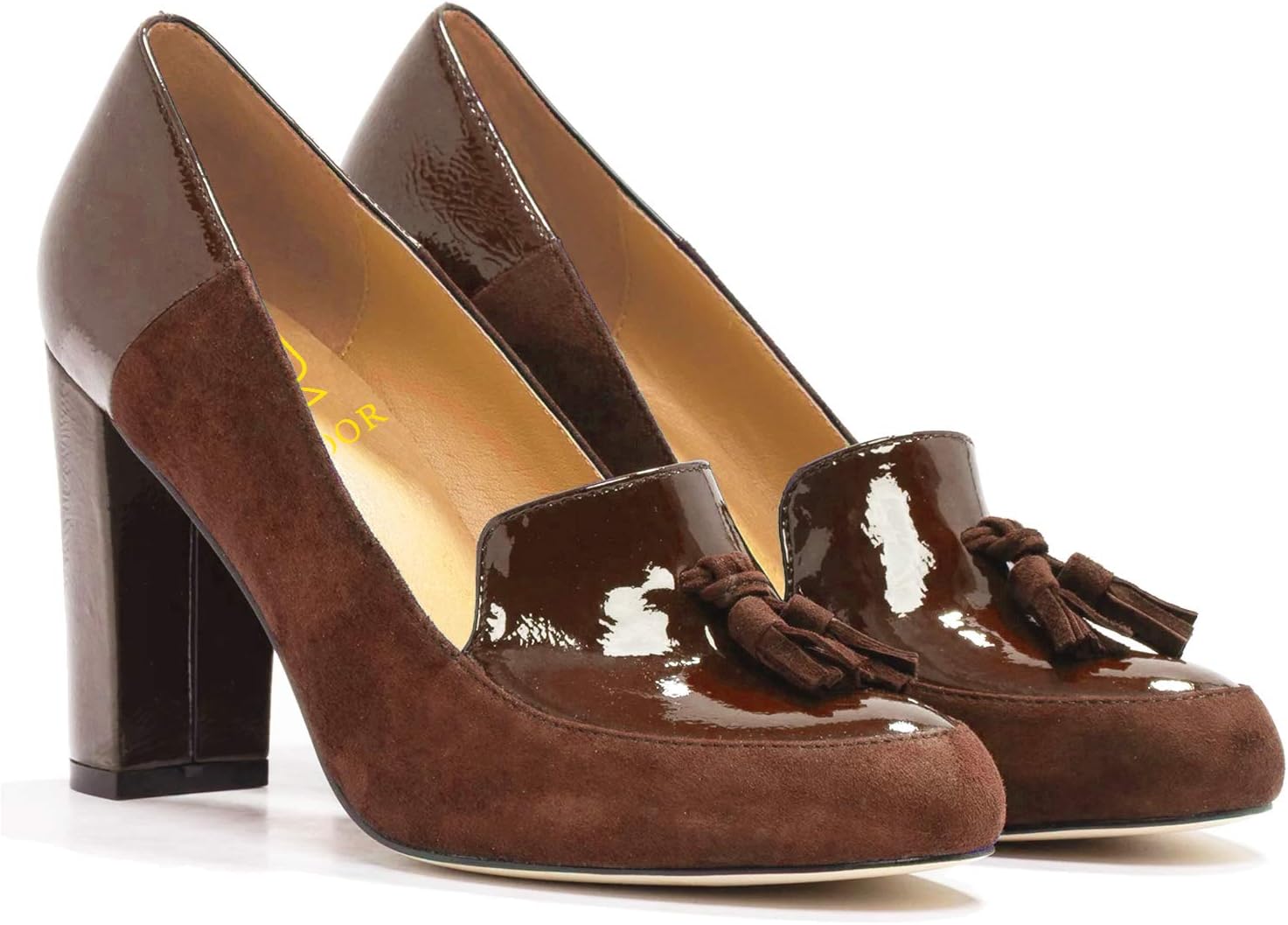 LEHOOR Women Chunky Block High Heel Fringed Pumps Round Toe, Slip On Dress Loafers with Tassel Suede Patent Leather Patchwork for Ladies Girls Office 4-15 M US