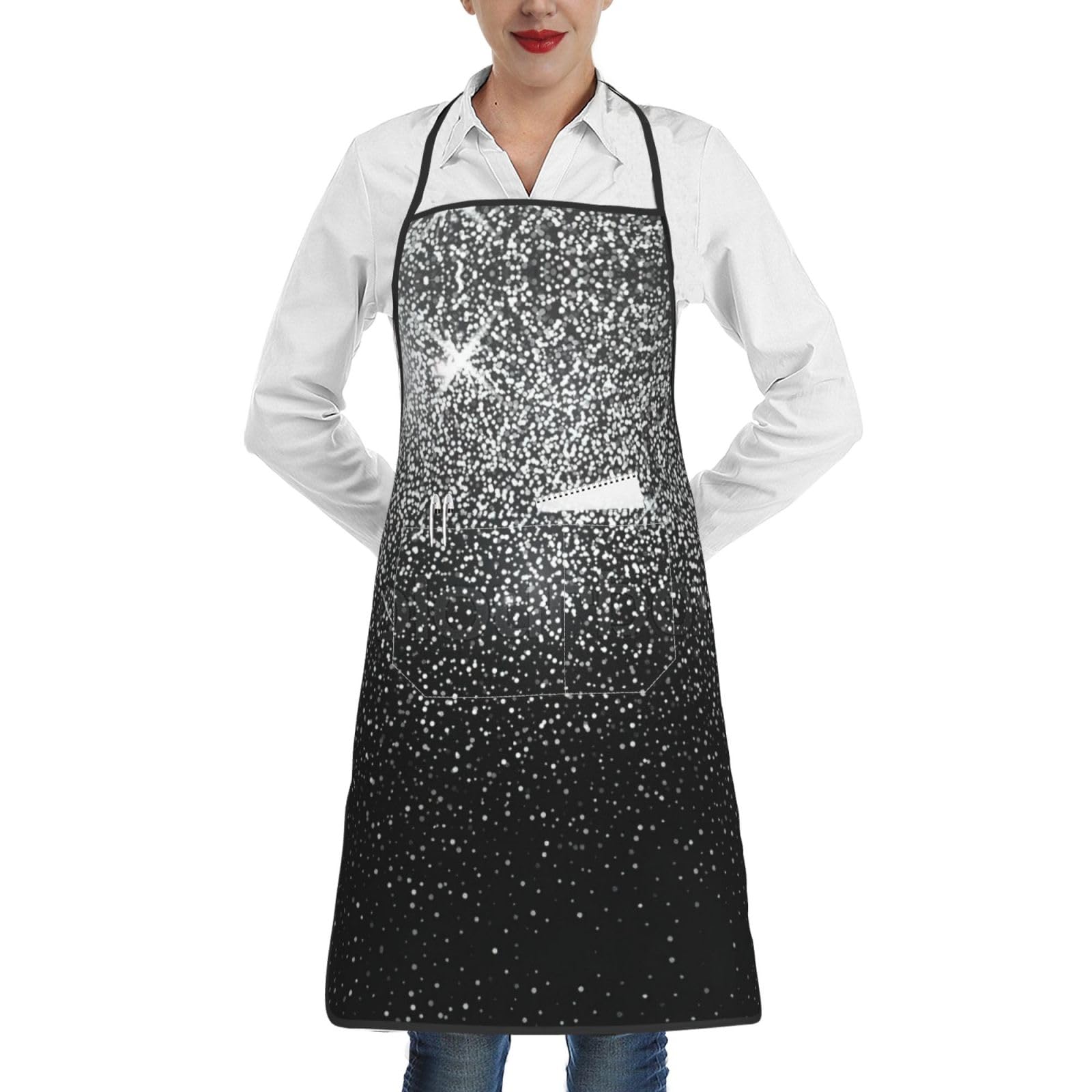 Duwaa Unisex White Shiny Silver Glitter Print Kitchen Cooking Aprons For Women Men, Apron For Dishwashing, Lab, Butcher, Dog Grooming