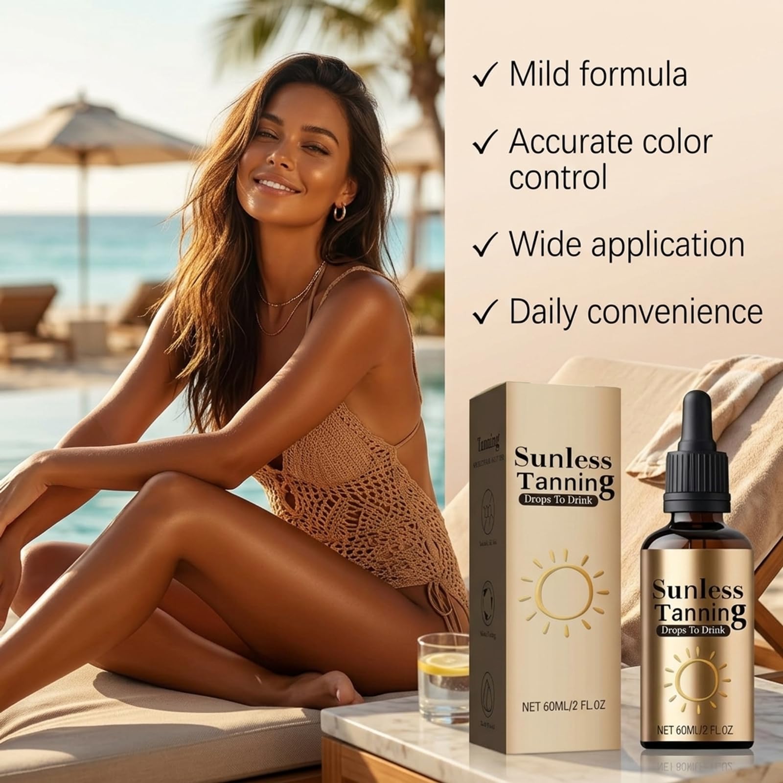 Gocce autoabbronzanti da bere, gocce da bere per abbronzare, Sunless Tanning Drops To Drink, Autoabbronzante Viso & Corpo Bio, Veloce Abbronzatura per tutti i tipi di pelle, 60ml (3 Bottiglia)