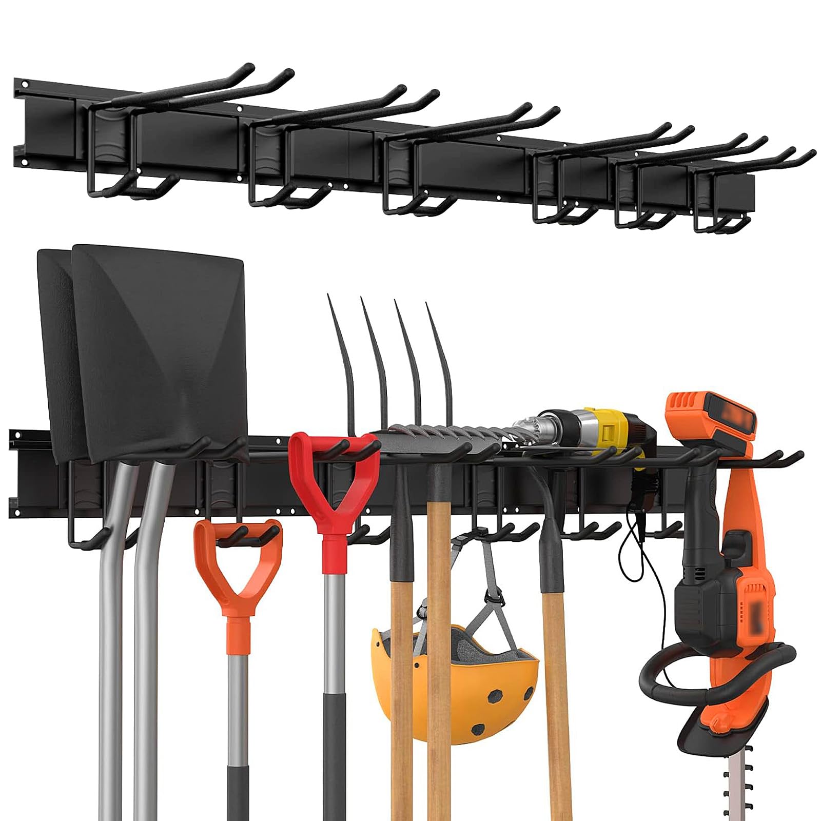 Eidoct Heavy-Duty Wrought Iron Garage Wall Storage Hooks, 3 Slotted Panels & 6 Double-Layer Metal Hooks, Multi-Functional Tool Rack, Ideal for Organizing Garage Tools & Gardening Equipmen (Black)