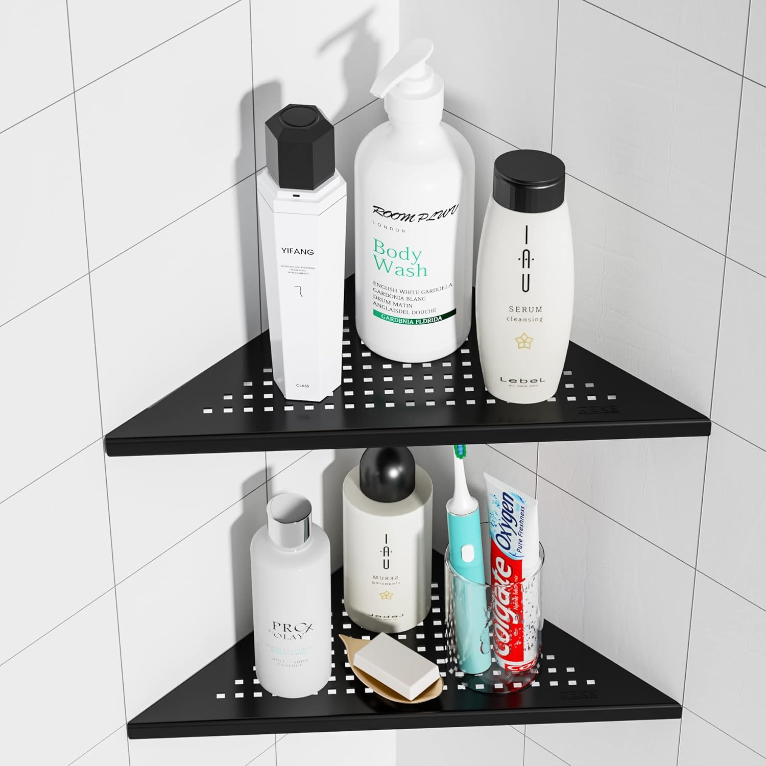 Qeke Corner Shower Shelves, 10” Recessed Tile Shower Shelf Matte Black, 304